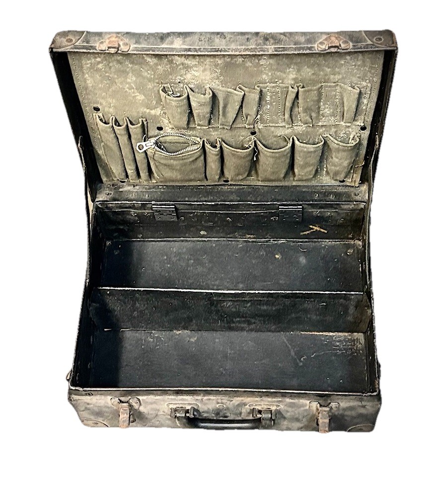 Vtg. Tool Box Case Suitcase Hardboard Chipboard Luggage with Leather handle