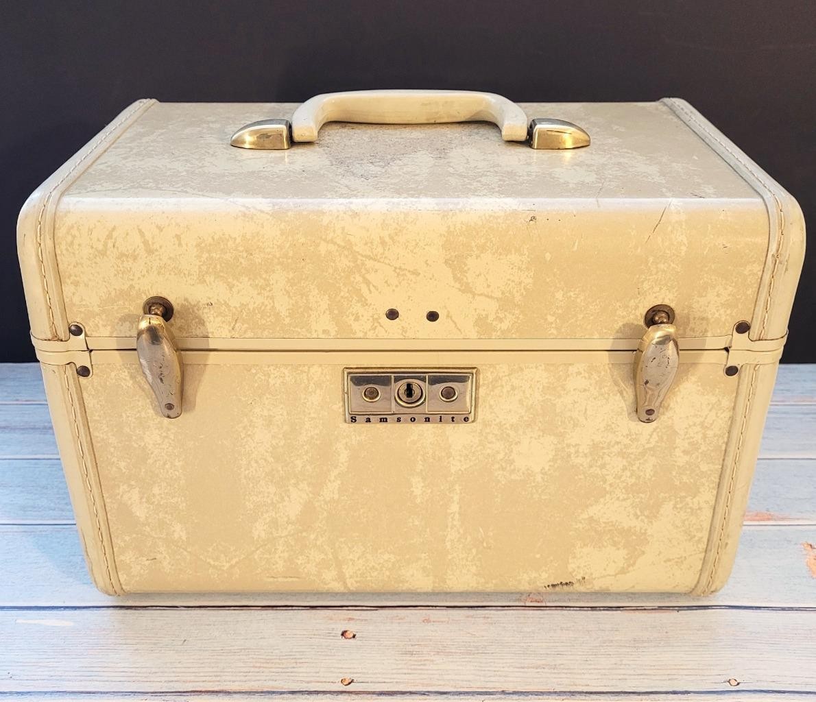 SAMSONITE Vintage TRAIN CASE 1950s Very Good BEIGE Marble Vanity LUGGAGE