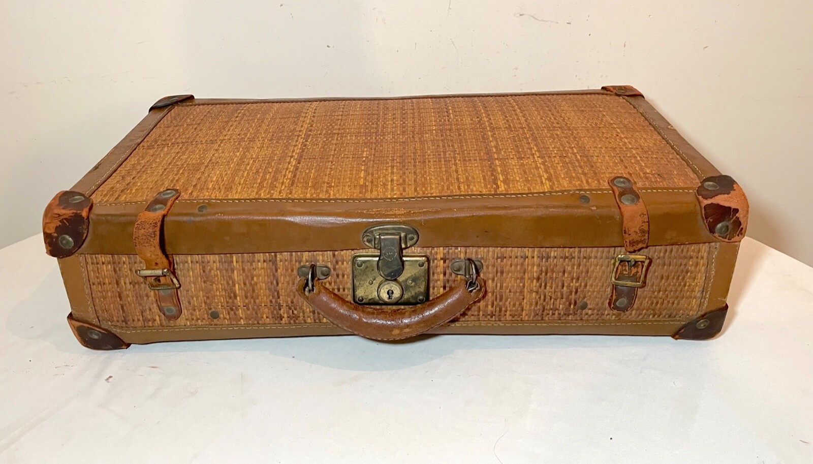 rare antique 19th century handmade woven wicker leather brass travel suitcase