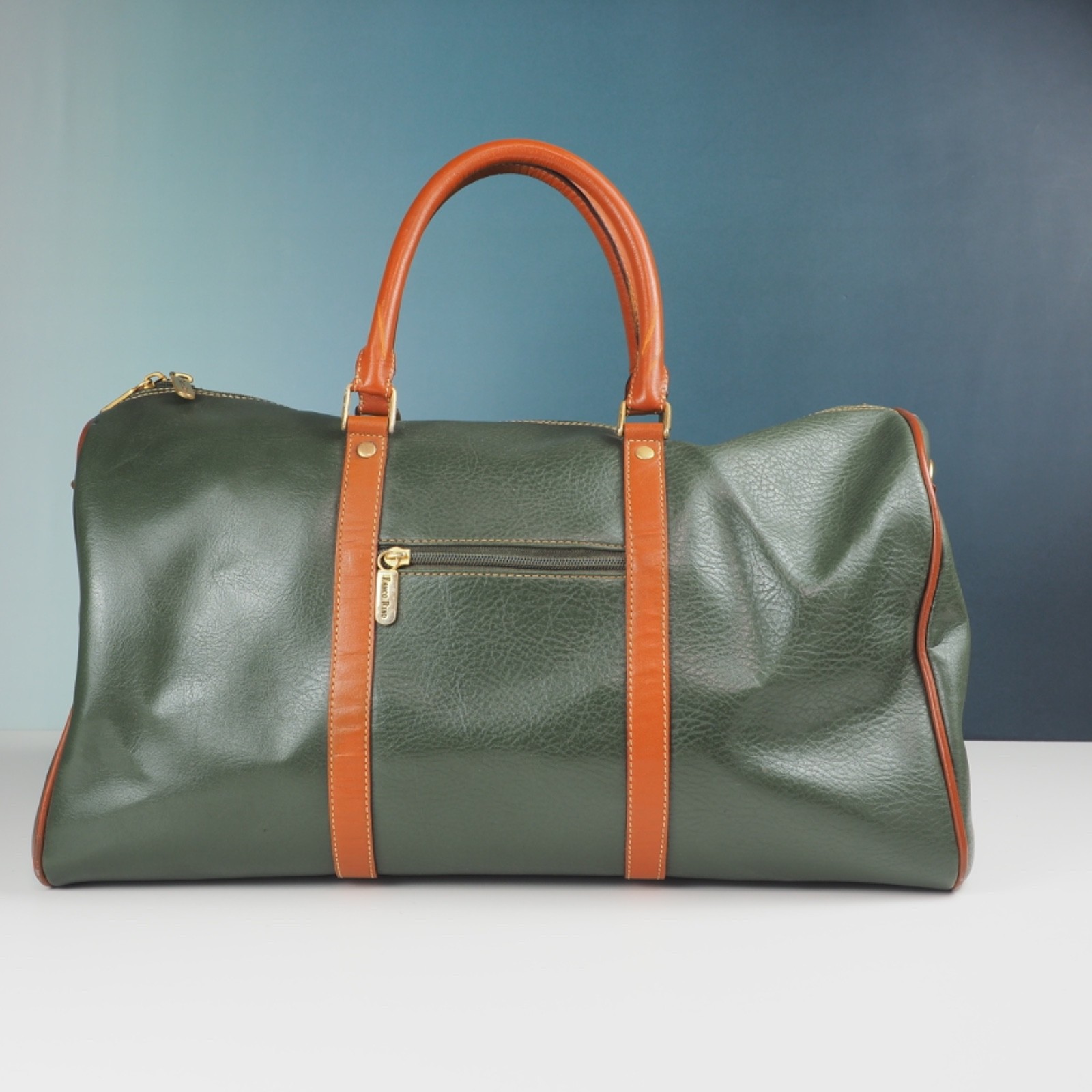 Vintage Franco Rino Green Faux Leather Boston Bag Travel Luggage Retro 80s