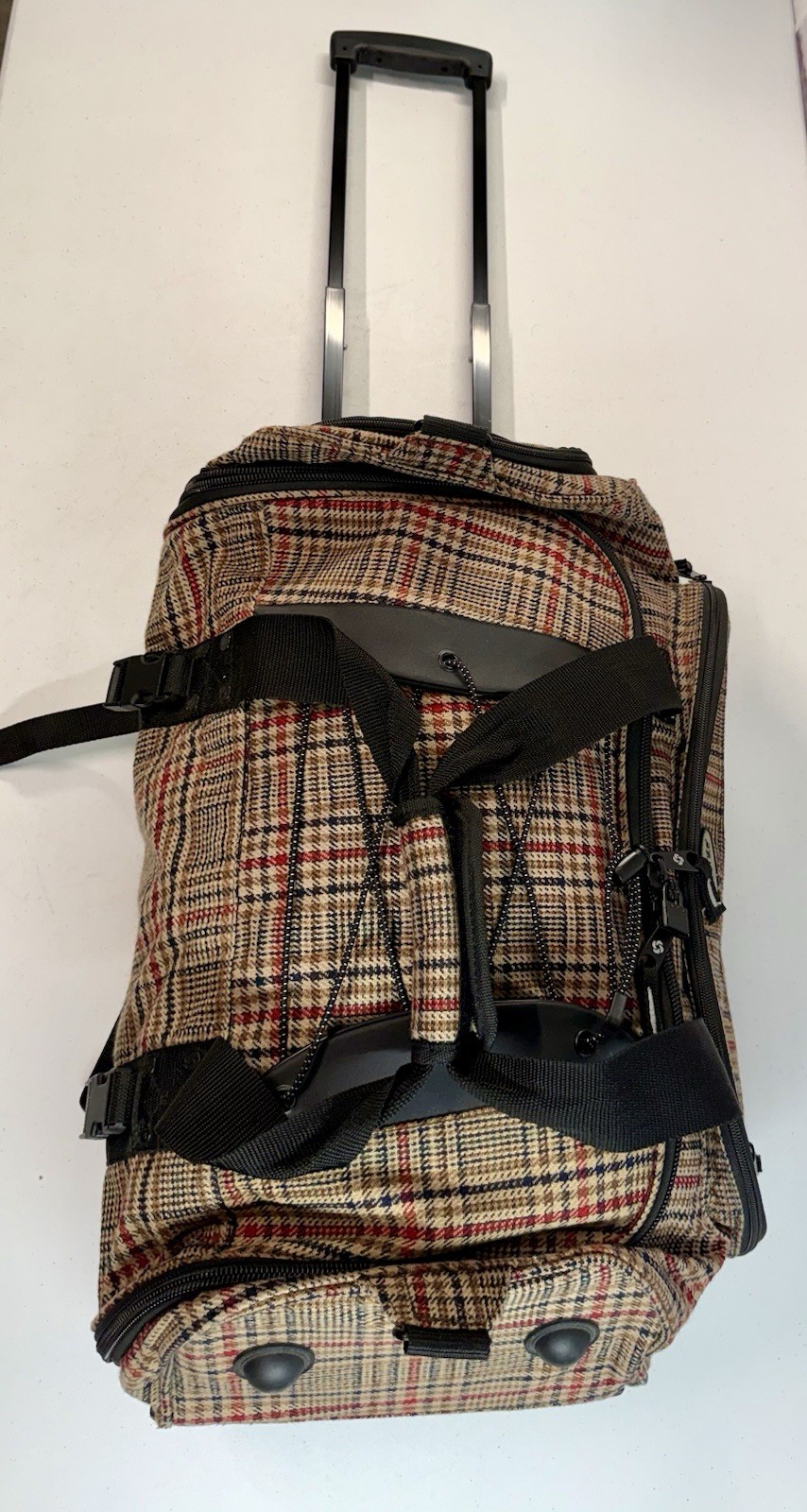Vintage Samsonite Rolling Duffel Bag Carry On Woven Plaid Herringbone Wheels 24”
