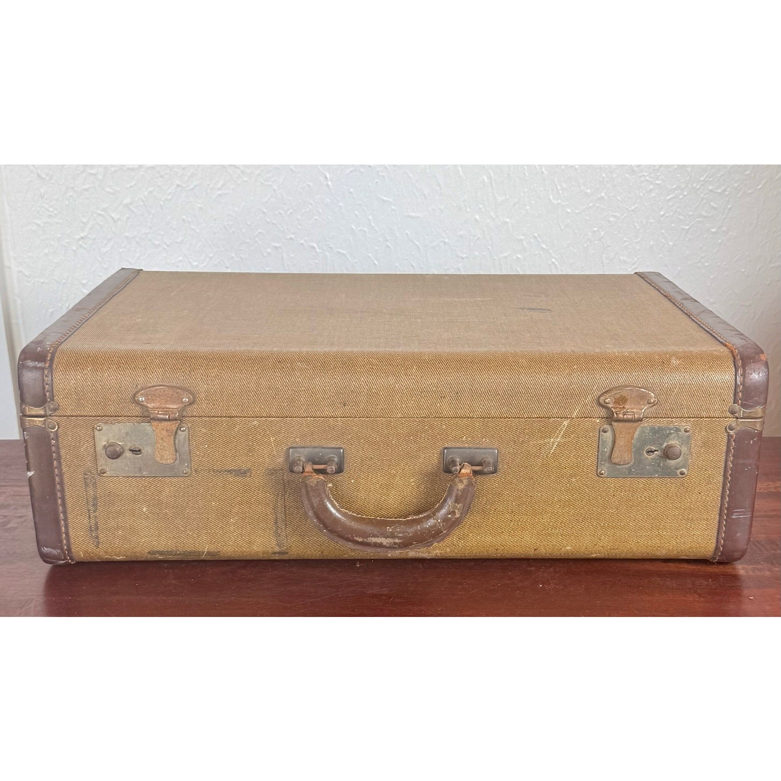 Brown Tweed Hard Sided Suitcase Ruched Interior Vintage Luggage