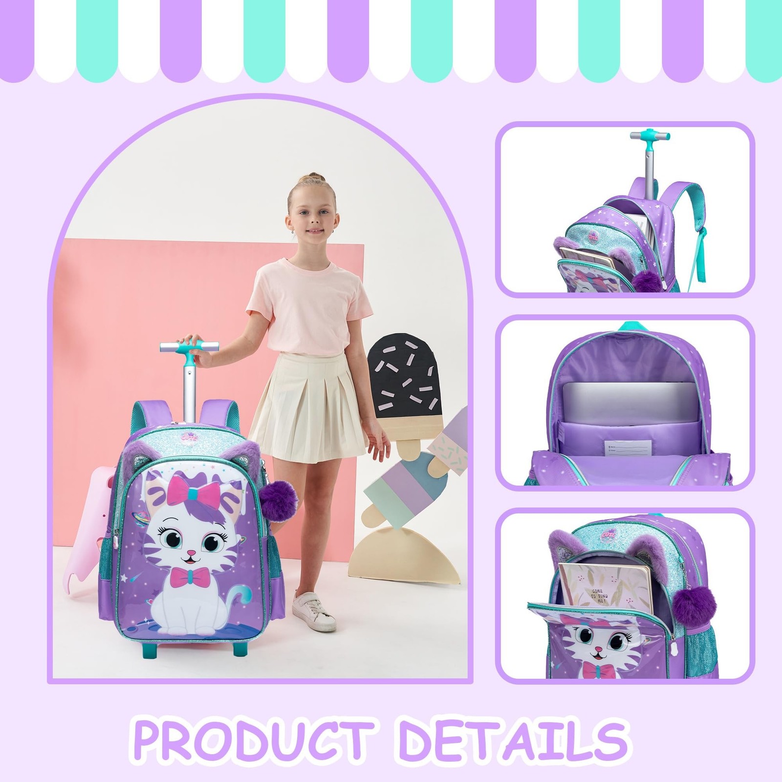 Rolling Backpack for Girls Cute Kids Rolling Backpack with Lunch Bag Kids Bac…