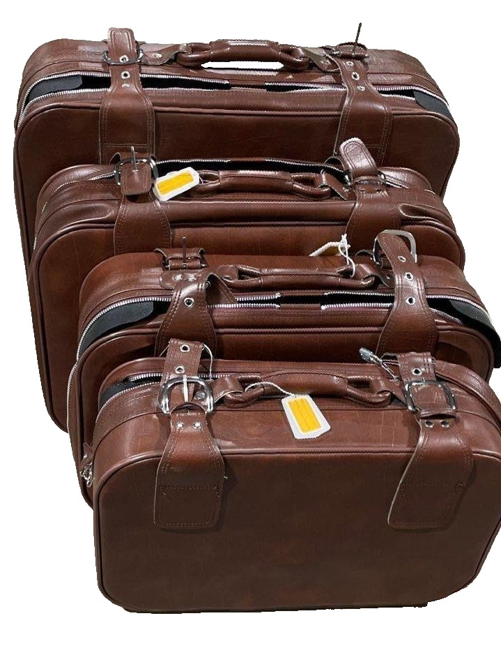 Vintage Brown Faux Leather Suitcase 4 Piece Luggage Set Stackable locks keys