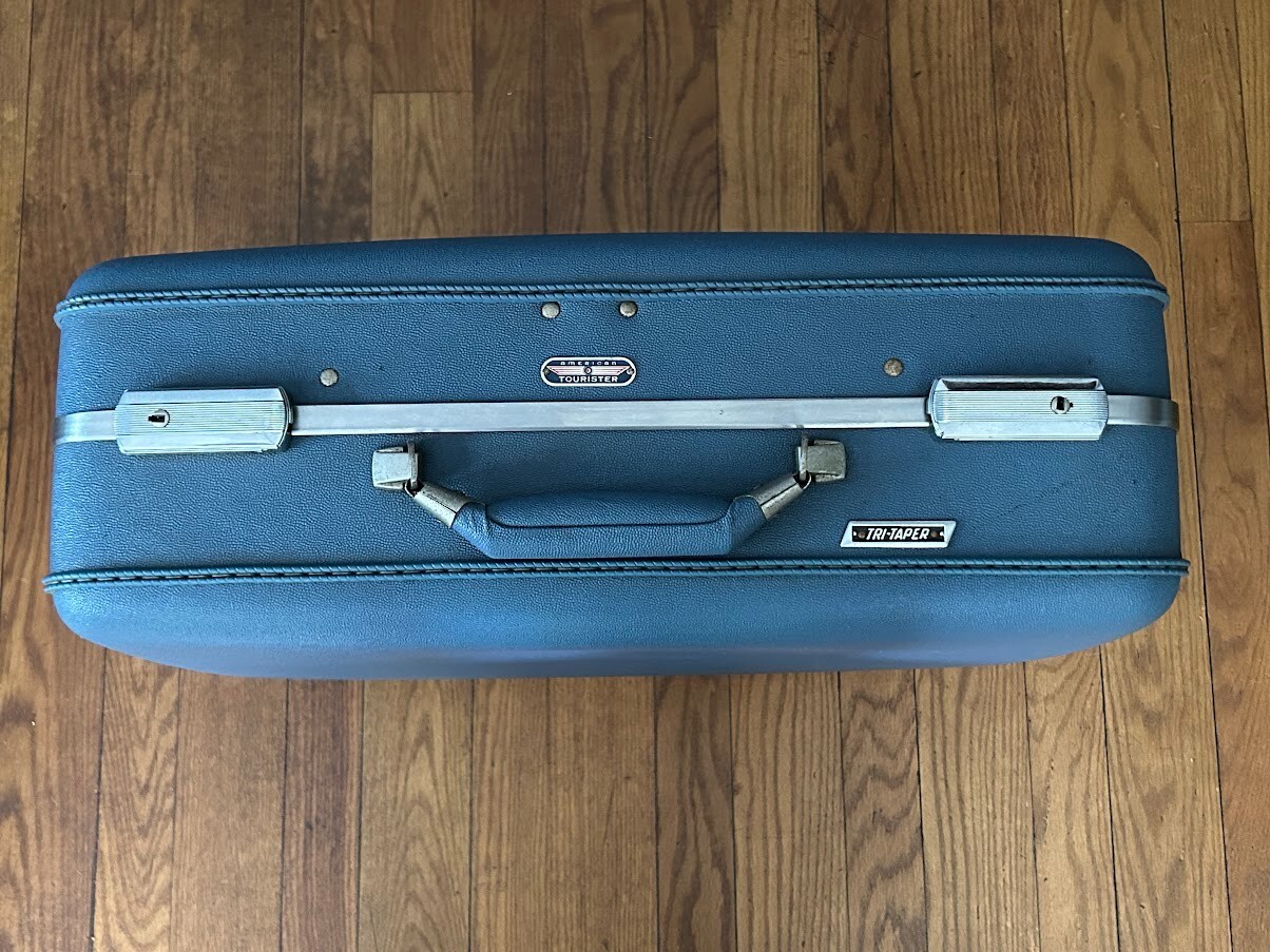 1960s Blue American Tourister Tri-Taper Hard Luggage Suitcase Wardrofold Hangers