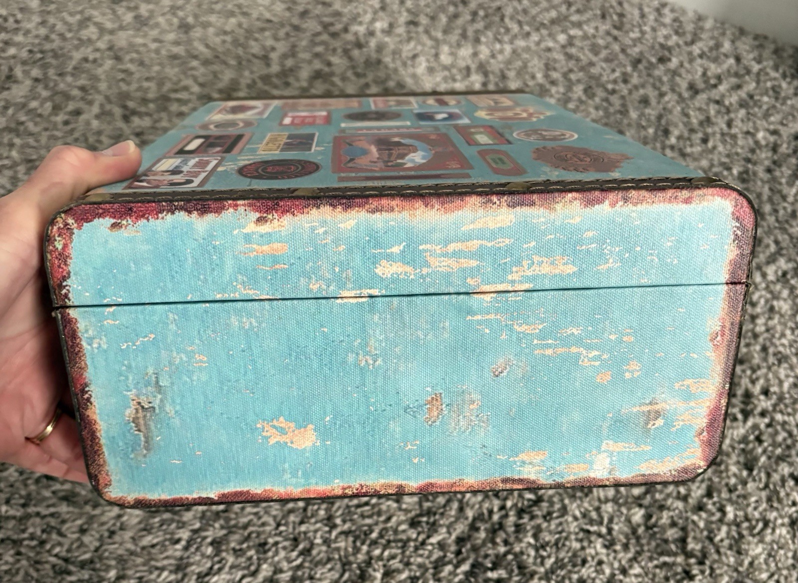Vintage Look Suitcase with Travel Stickers Rustic Decor W/leather Studded Straps