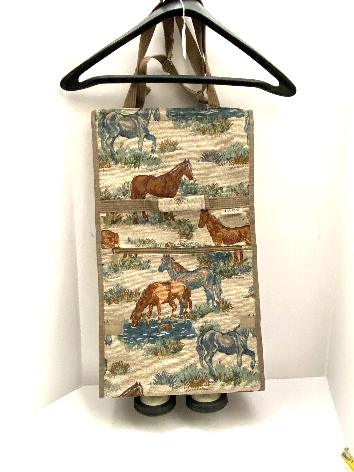 Vtg Jade Tapestry Horses Travel bag Tote w/ Foldable Collapsible wheels