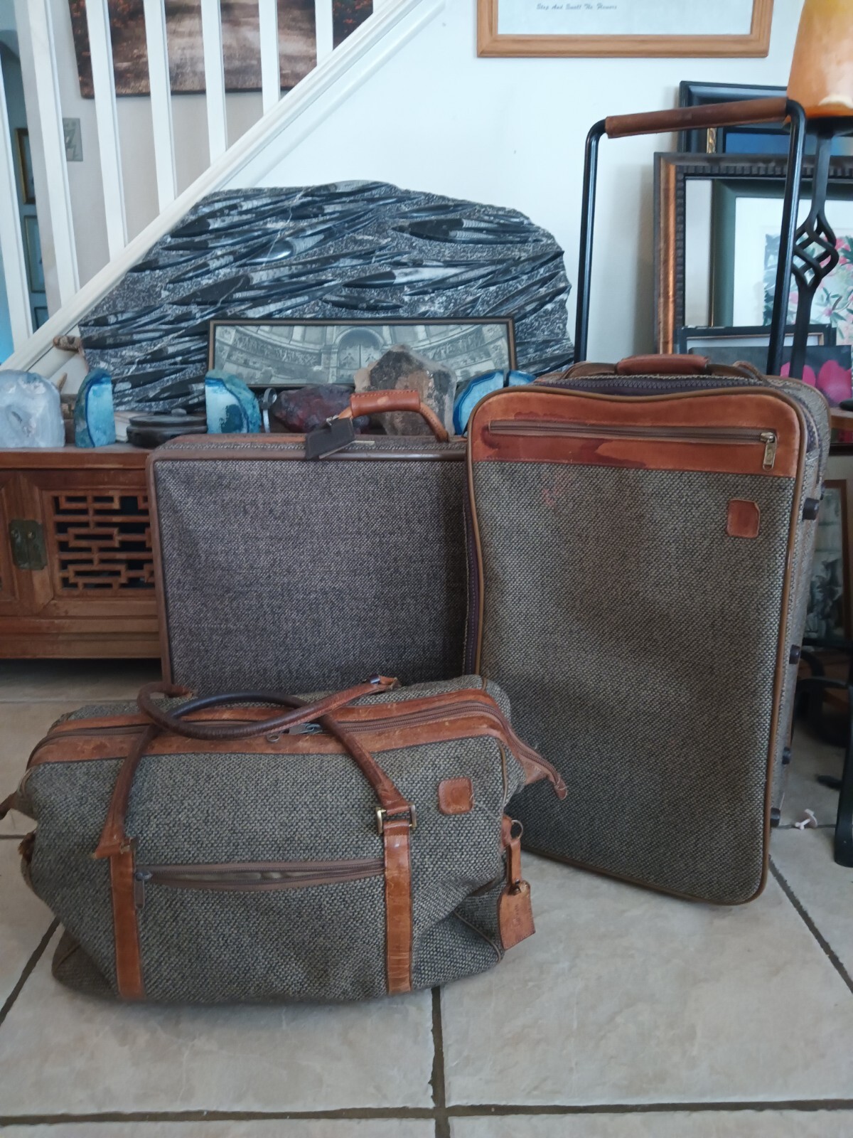 VINTAGE RETO HEARTMANN TWEED & LEATHER 3 PIECE TRAVEL LUGGAGE SET
