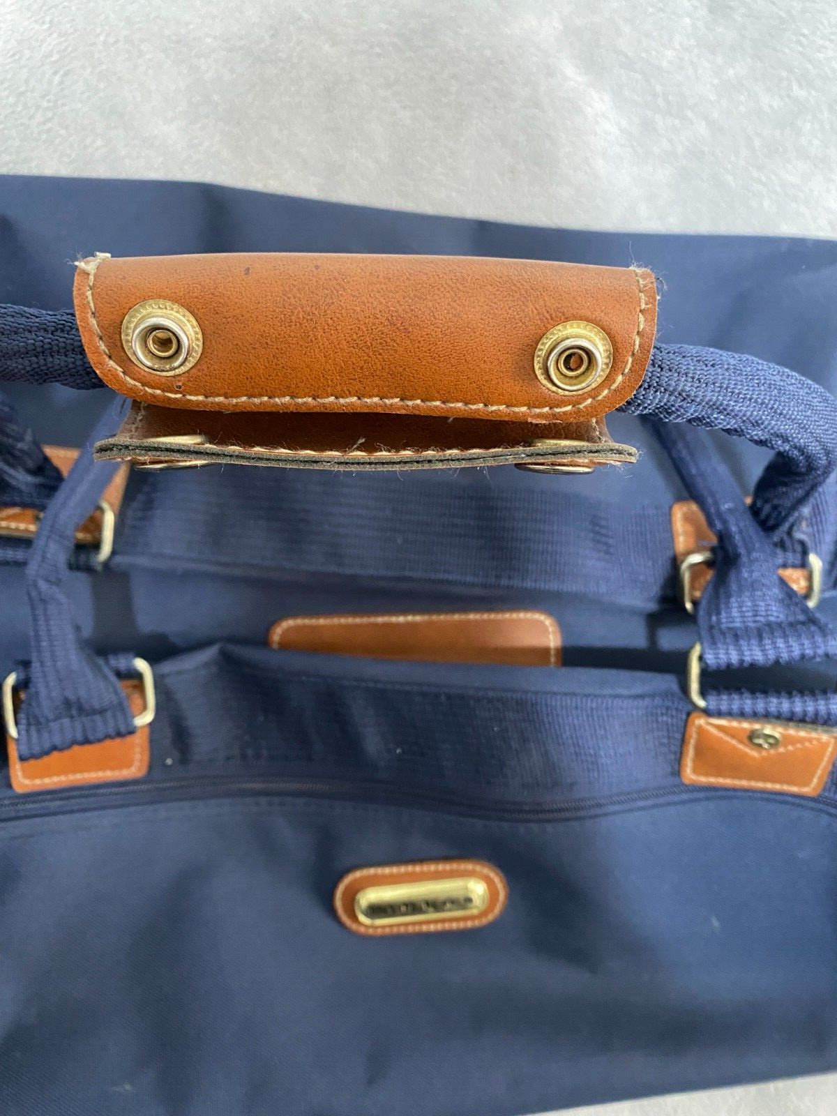 Vintage JcPenny Jaguar Suitcase Roller Luggage Bag Blue PolyesterTan Leather 26”