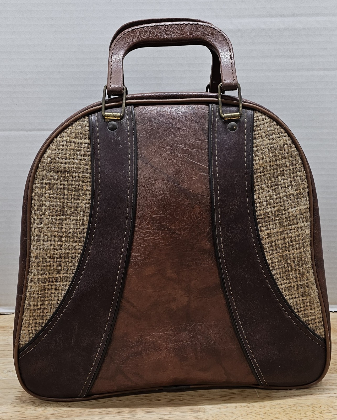 Vintage BRUNSWICK Bowling Ball Bag & Shoe Carrier Brown Faux Leather Burlap