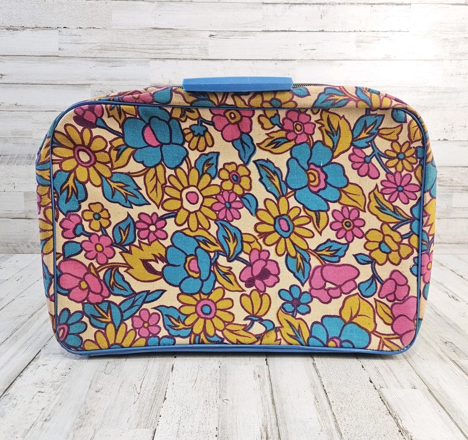 Vintage 70s Floral Bantam Soft Suitcase Blue Purple Yellow Hippie Boho Carry-on