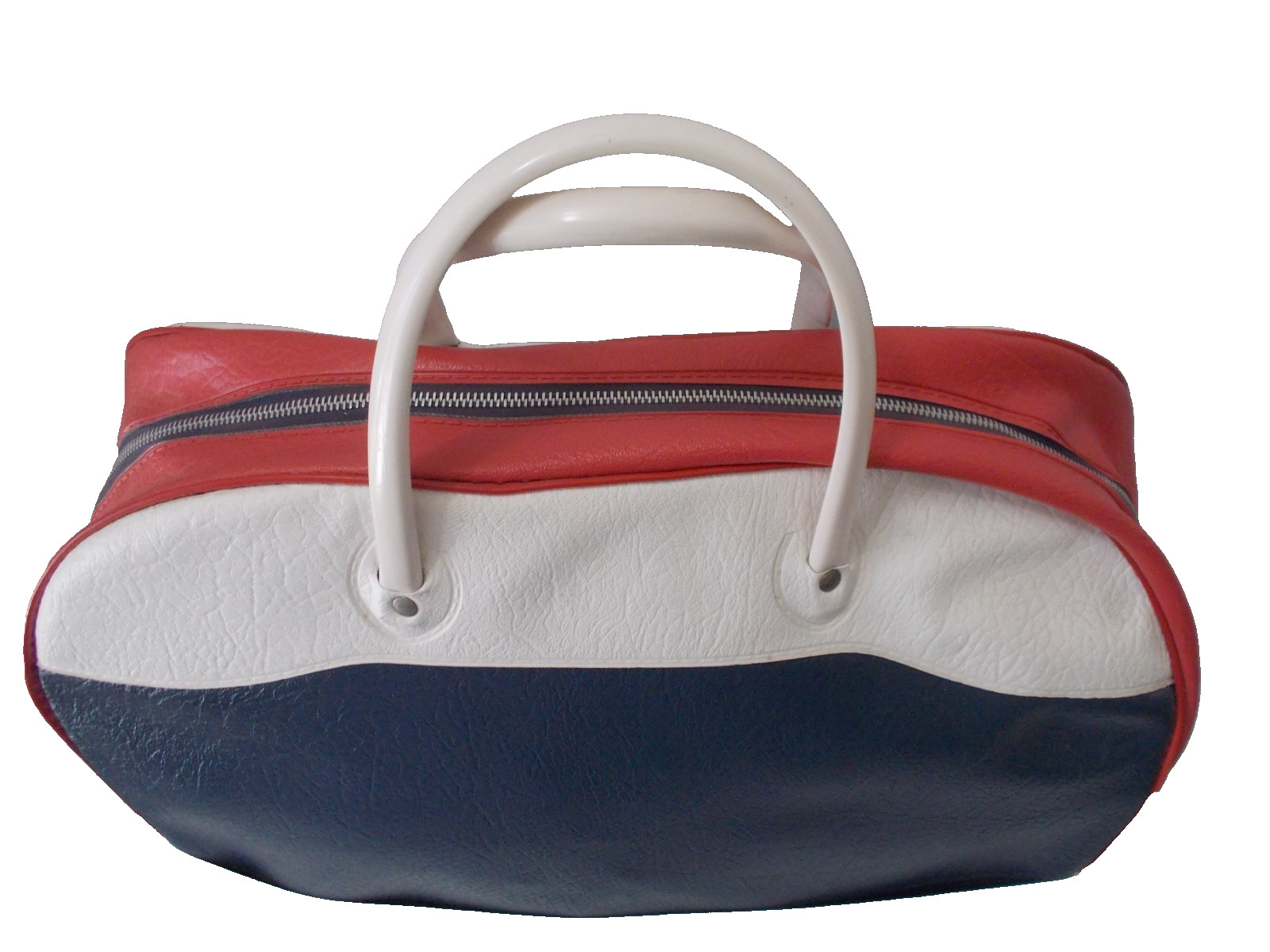 VTG 1960’s Red White Blue LARGE Faux Leather Zip Top Handle Travel Bag Luggage