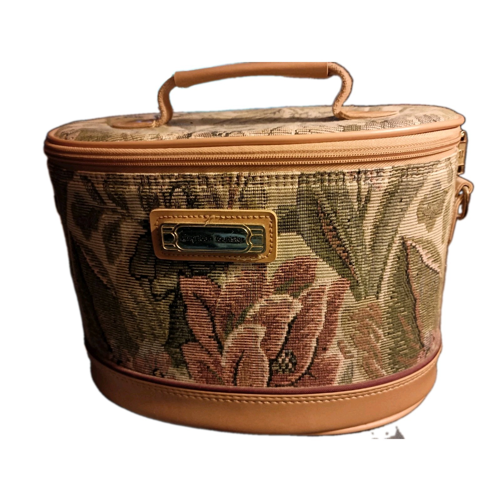 Vintage American Tourister Train Case Floral Tapestry Oval Makeup Bag Travel