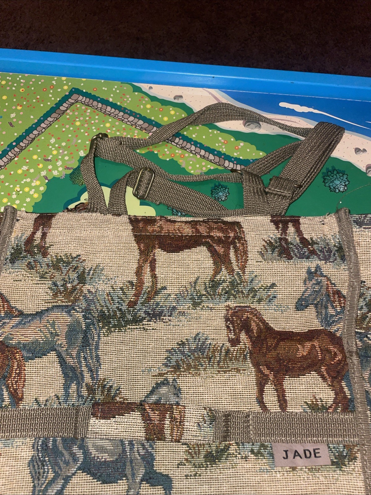 Vtg Jade Tapestry Horses Travel bag Tote w/ Foldable Collapsible wheels