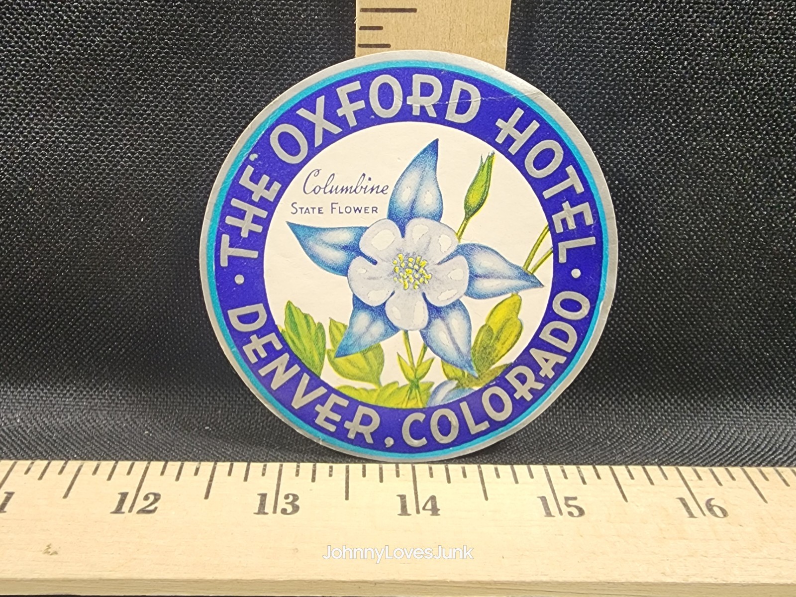 Vintage Hotel Luggage Label OXFORD HOTEL Denver CO Columbine Flower