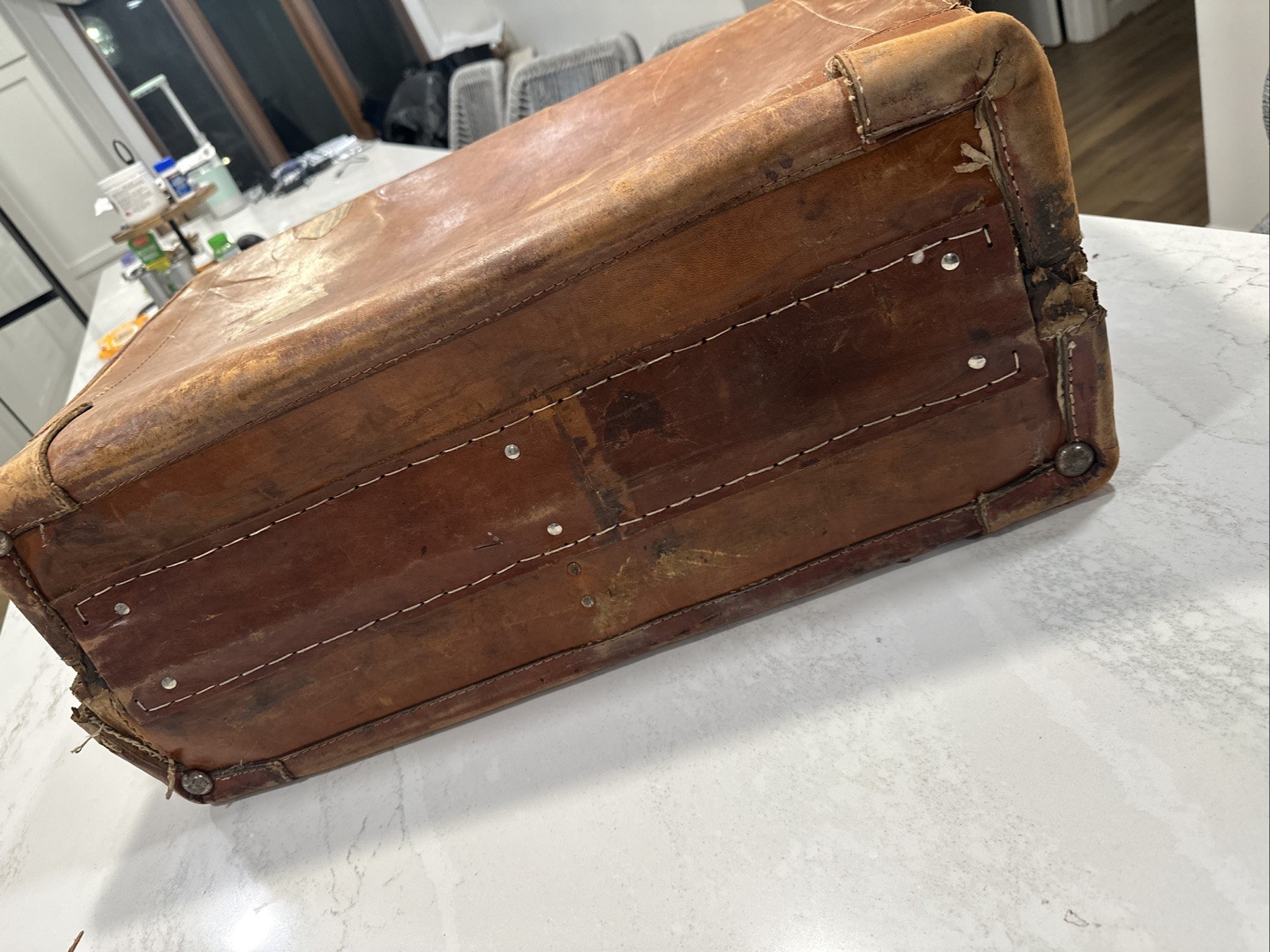 Vintage 1930s Leather Suitcase Valaise Decor Storage Dominican customs labels