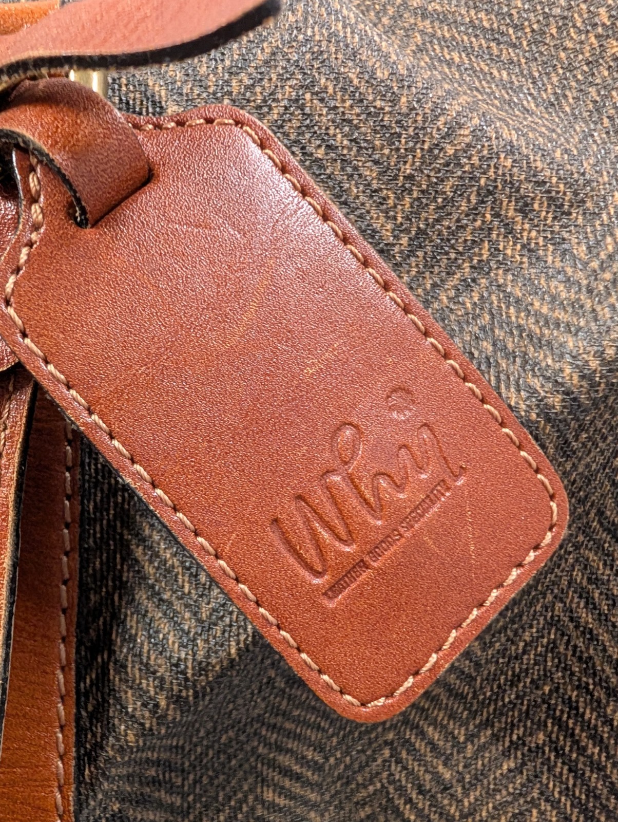 WHY Leather Mall Herringbone Duffel Bag Brown Tweed Weekender Leather Tote