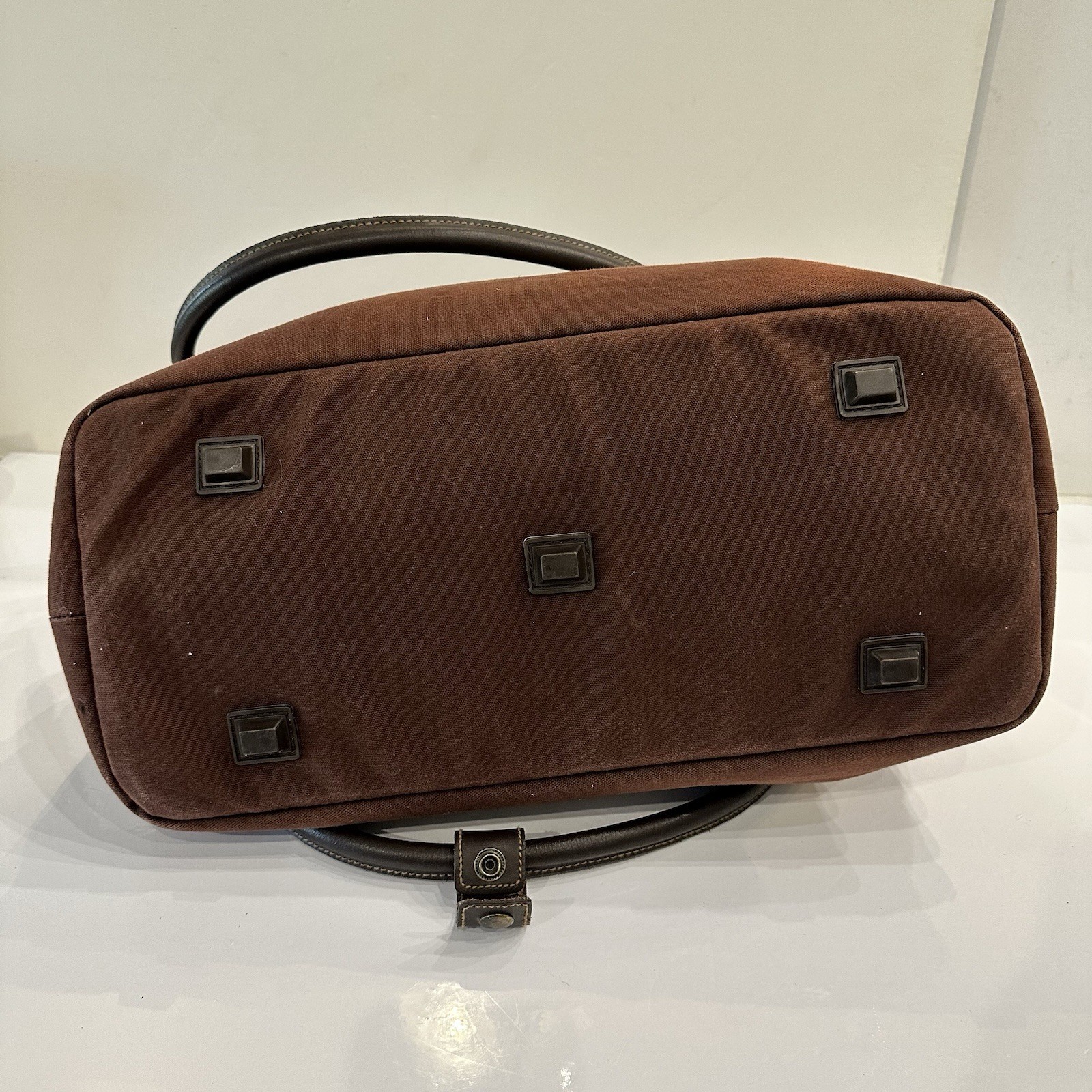 Vintage Eddie Bauer Brown Plaid Canvas & Leather Travel Duffle Satchel Bag