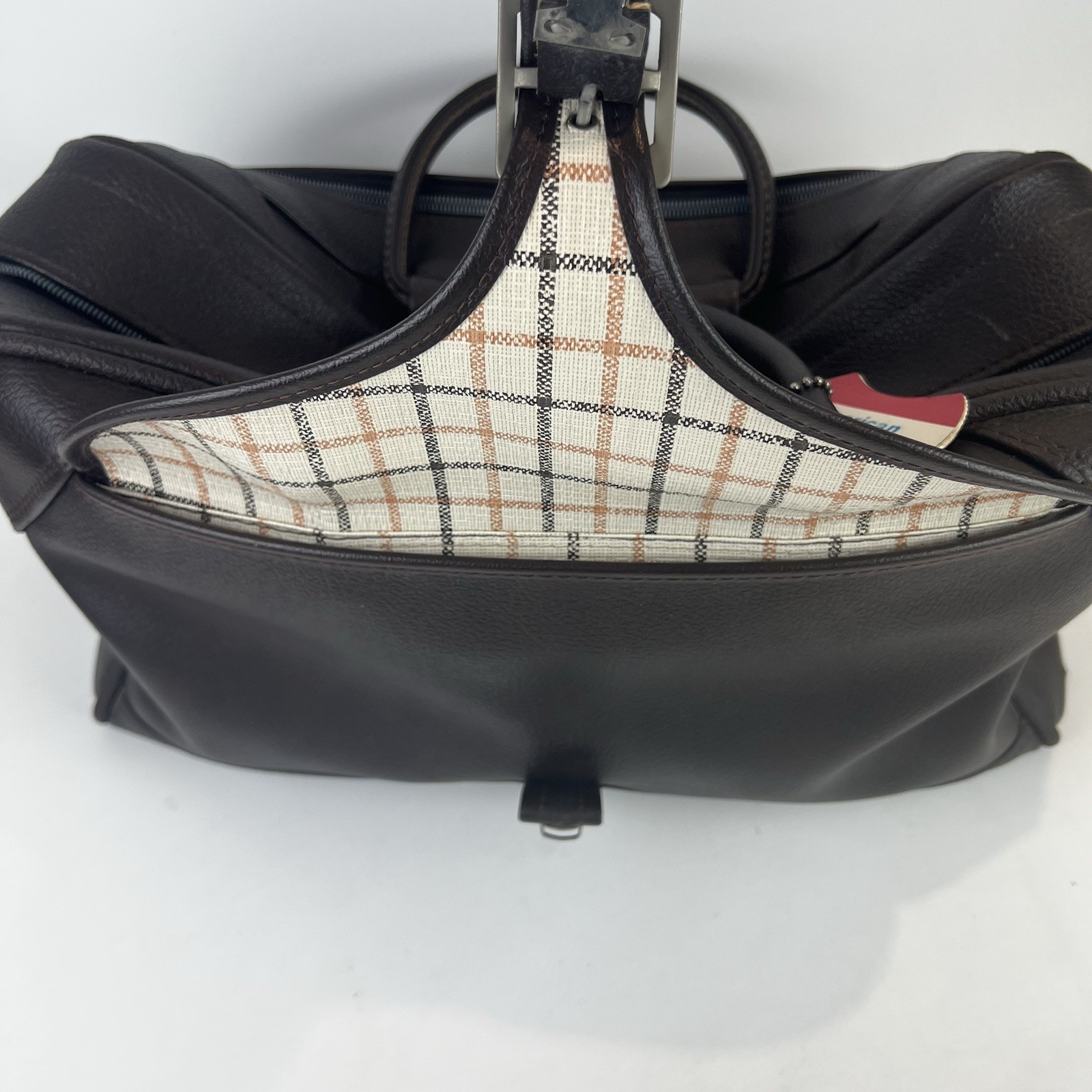 VTG 1970’s American Tourister Brown Leather Tiara Weekender with Plaid Interior