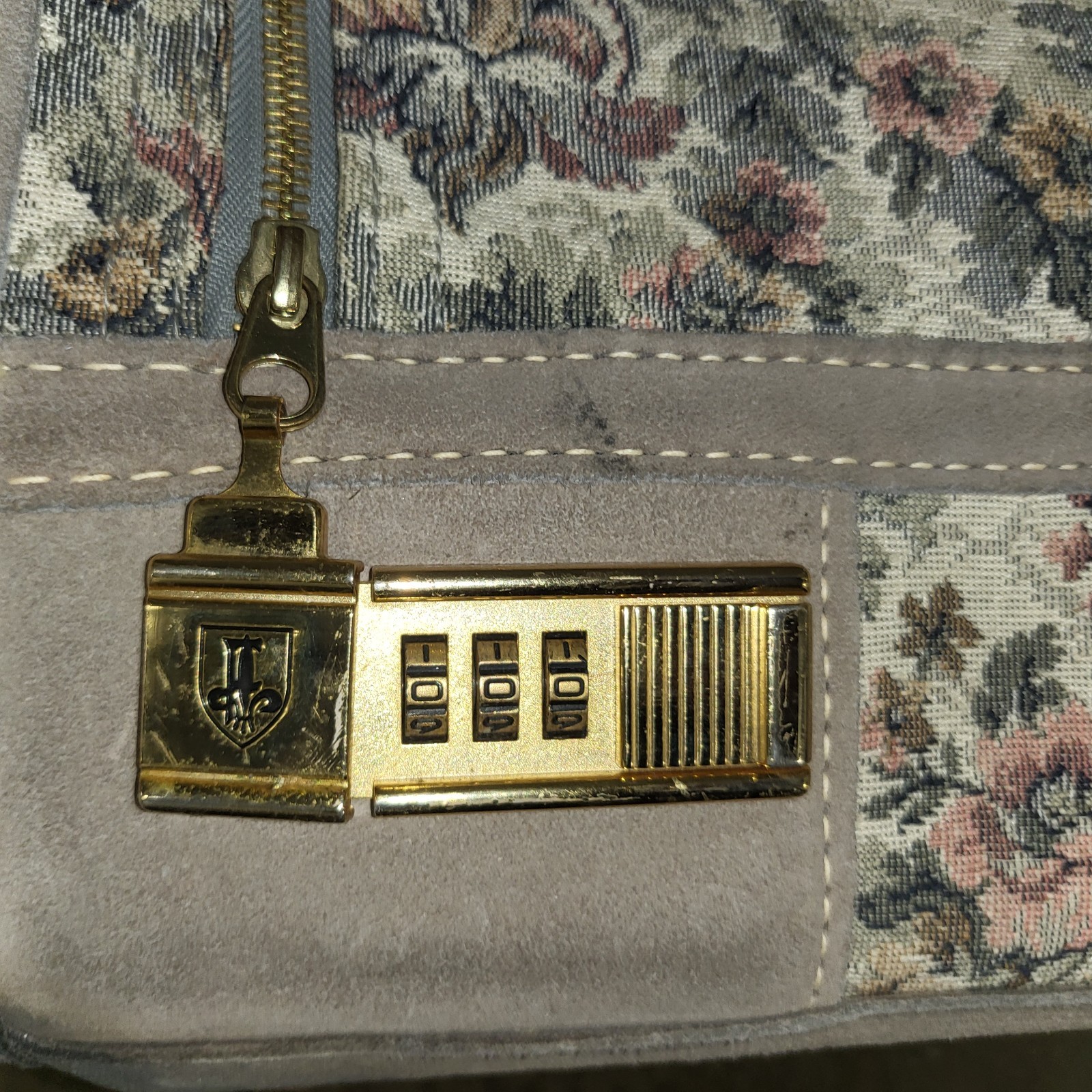 Two Vintage French Luggage Co Gray Floral Rose Tapestry & Suede Suitcases 23&28″