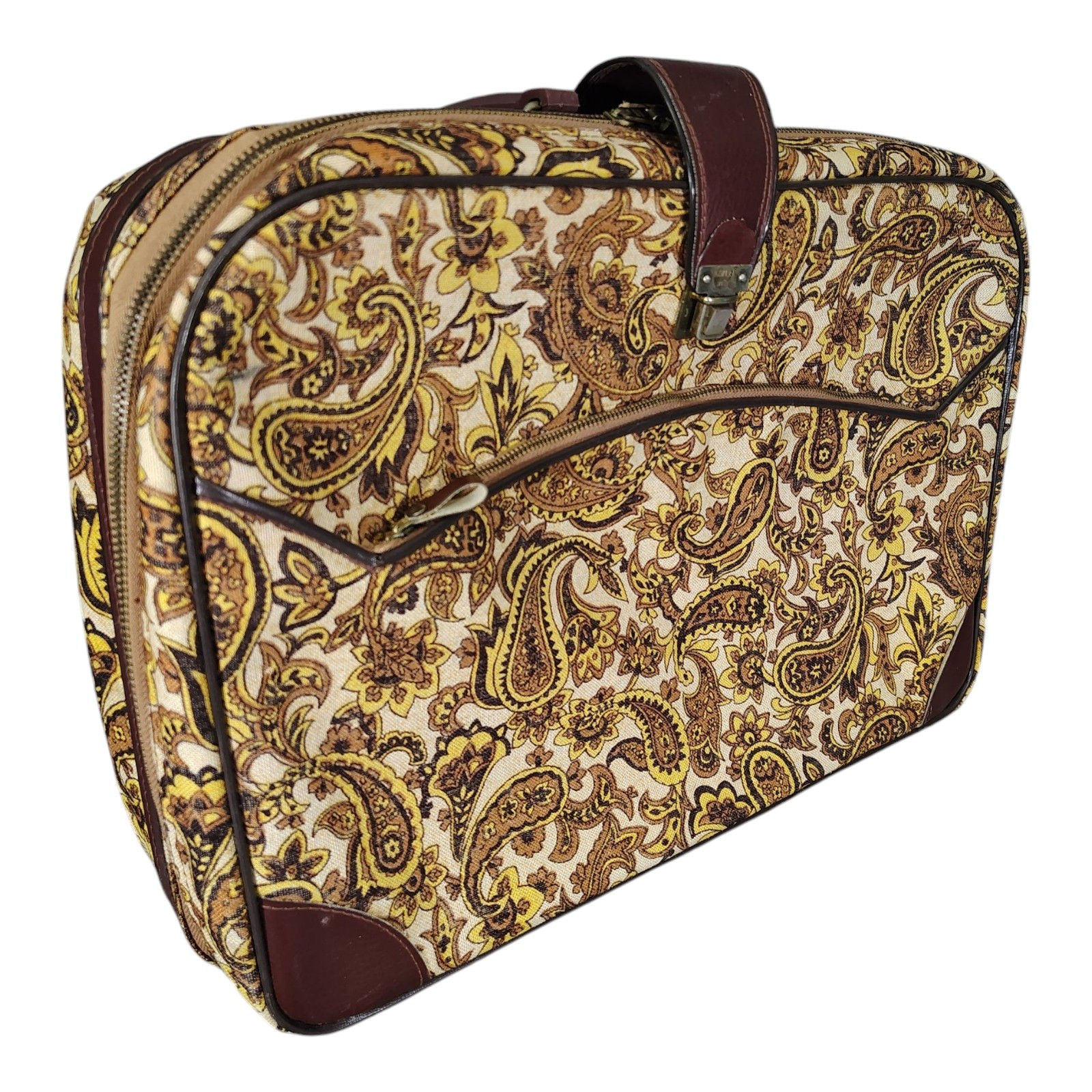 Vintage Brown Paisley K. Gimbel N.Y. Suitcase Luggage Carry On Japan Mod Vtg