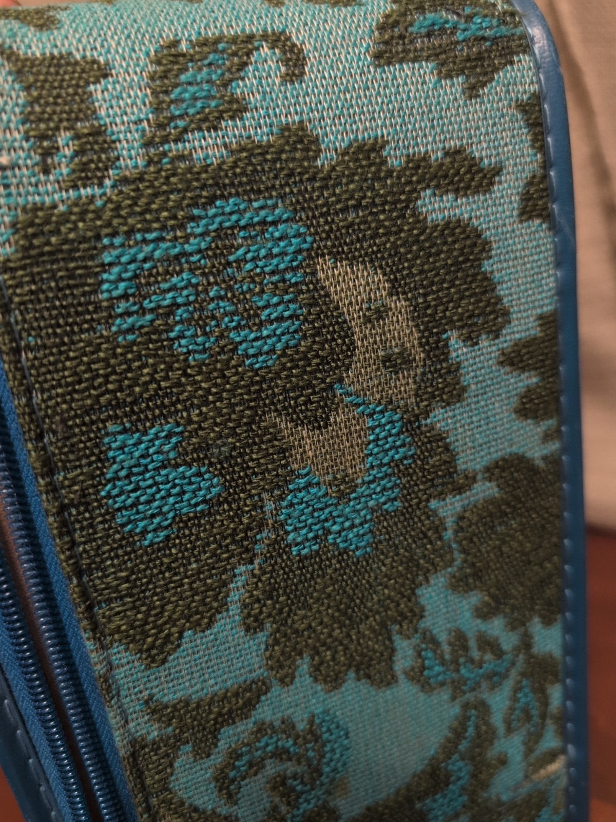 Avon 1970s Vintage Suitcase Turquoise Floral Tapestry Carpet Bag, Boho Hippie