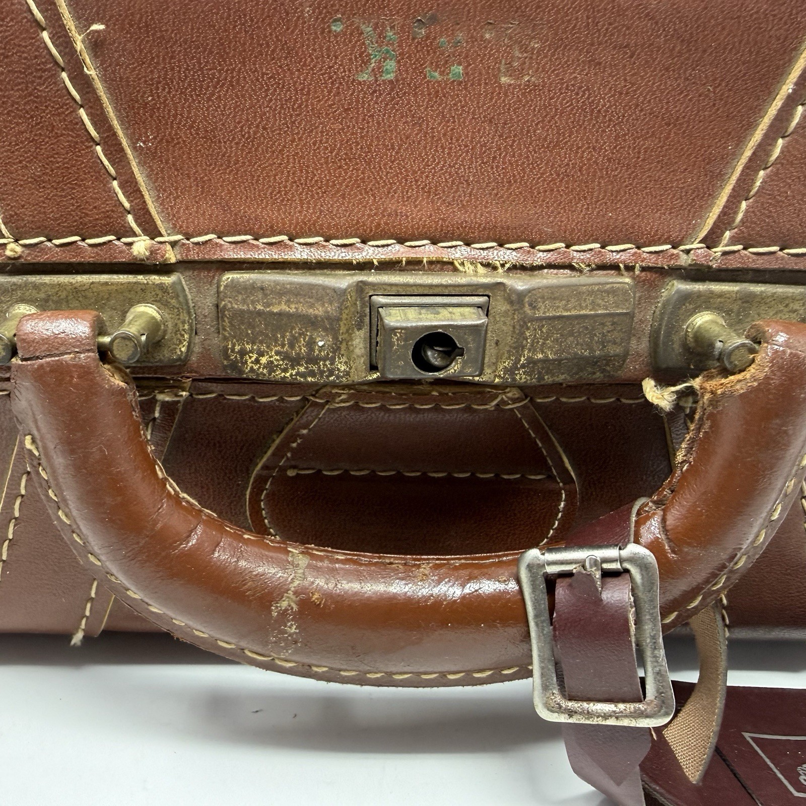 MCM Vtg Suitcase Brown Leather Brass Hardware Stitching 21X14x7 No Key