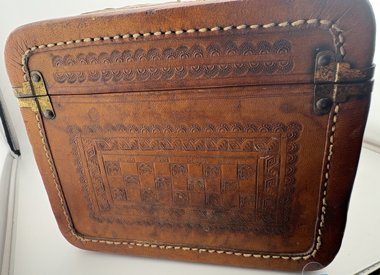 Vintage Hand Tooled Floral Leather Train Case Brass Hardware by Flores’ Mexico