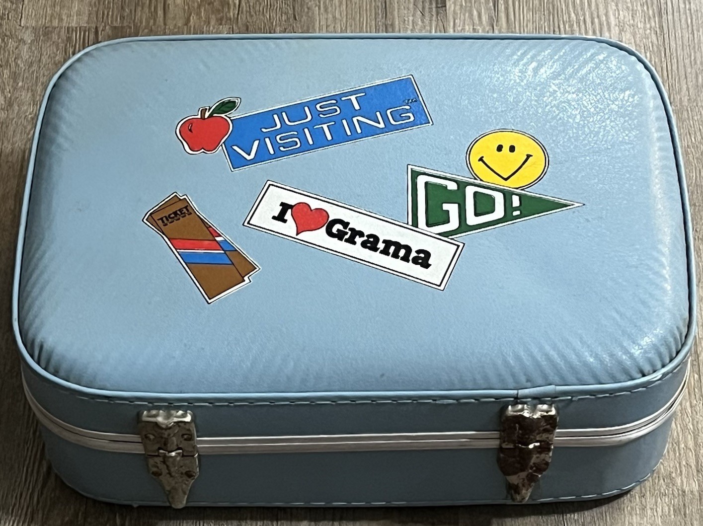 Vintage 1970’s Blue Suitcase Hard Vinyl Vanity Case Travel Visiting Grandma