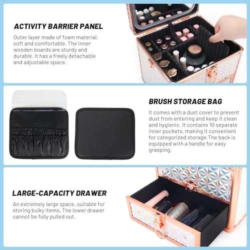 Makeup Case with Drawer, Detachable Lighted LED Mirror, Travel Sparkling White