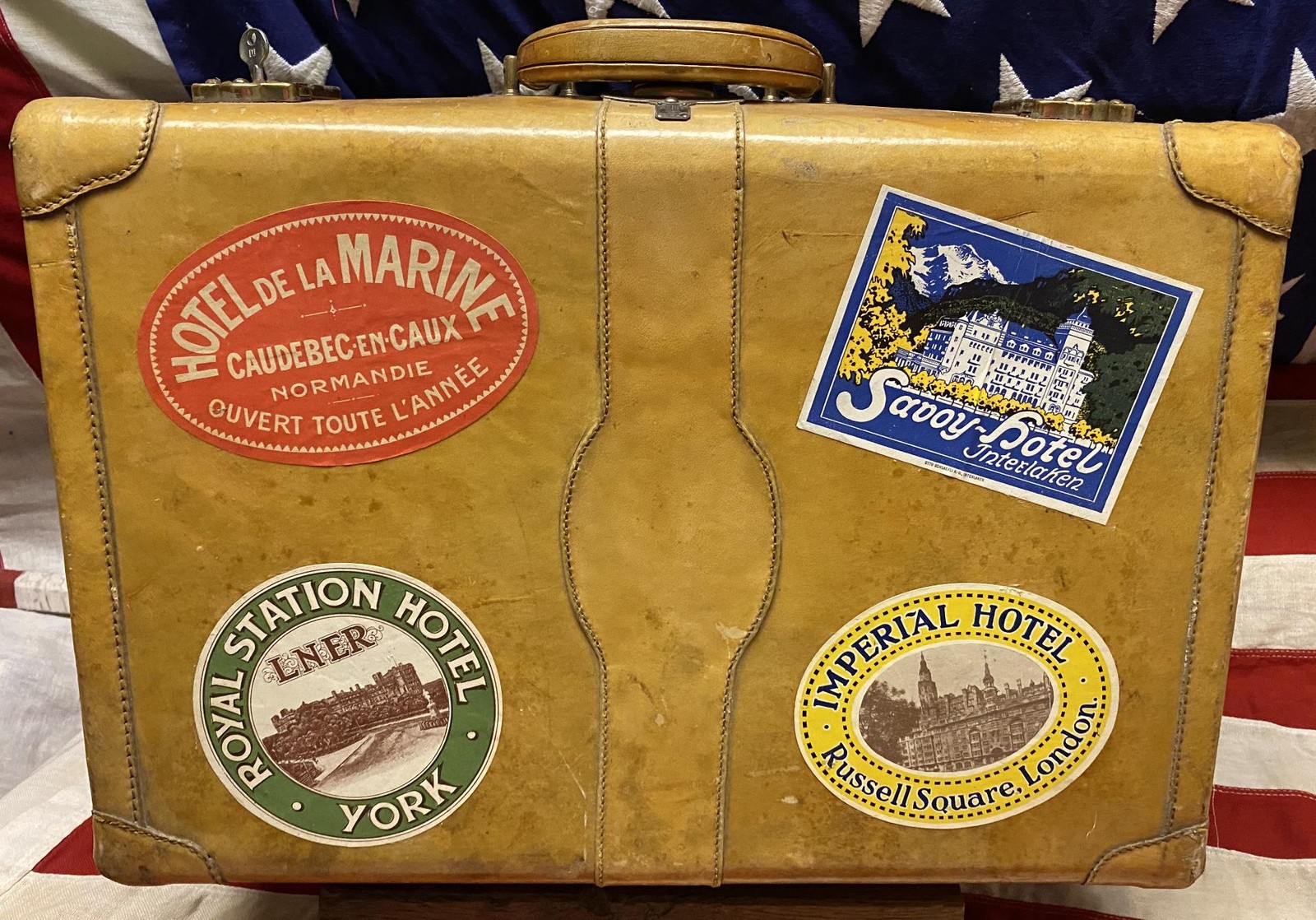 Vintage 1940s Cross Leather Suitcase Travel Stickers US/European Tour Display