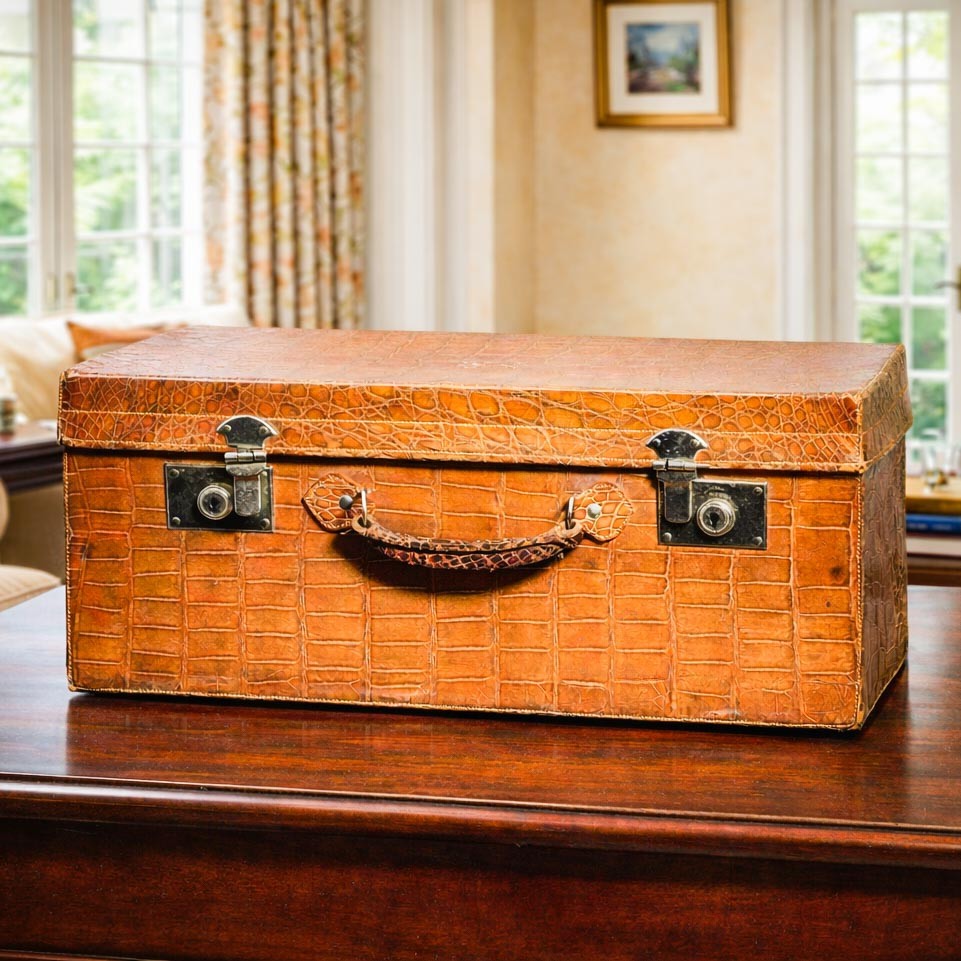 Large Light Brown Luxury Antique Crocodile Leather Travel Luggage Suitcase