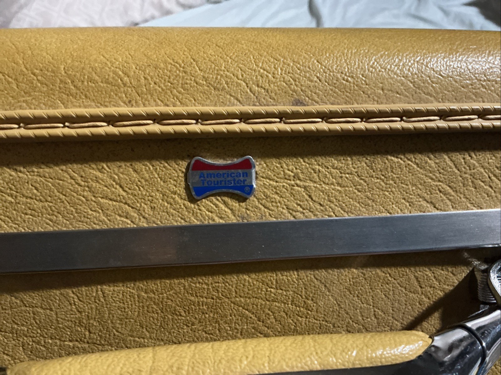 Mustar Yellow American Tourister Vintage Hard Shell Suitcase With Silver Metal