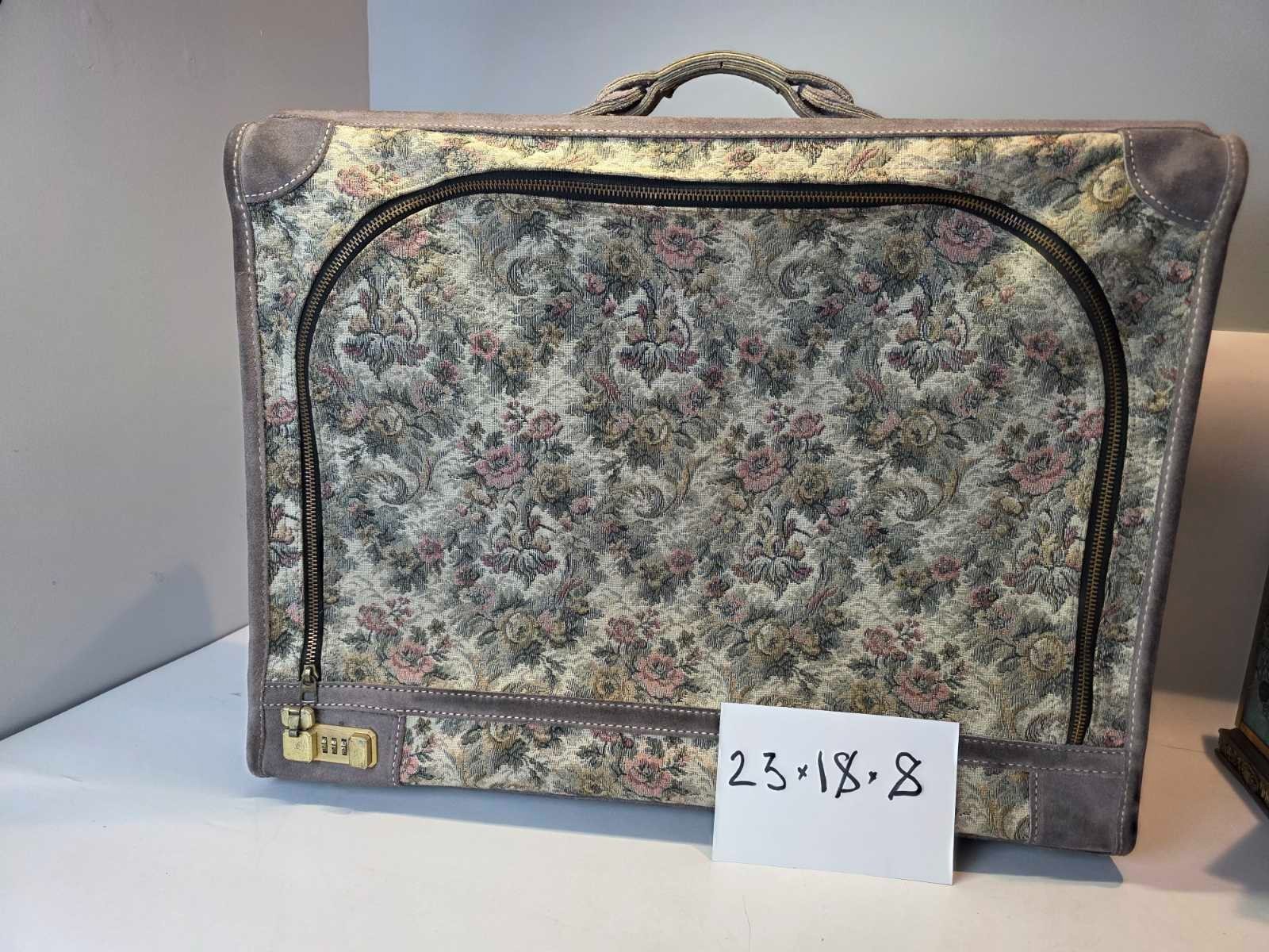 Vintage Suitcase French Luggage Co Gray Floral Rose Tapestry & Suede Leather 23″