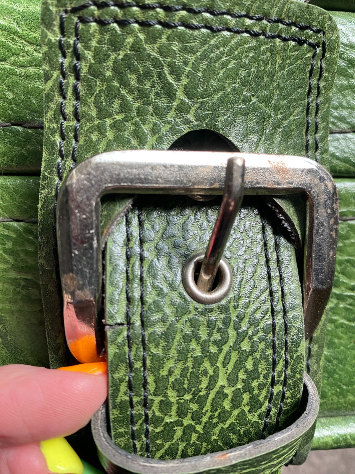True 1970s Vintage Green Suitcase, Double Buckle, Fleur de lis Lining, Very Good