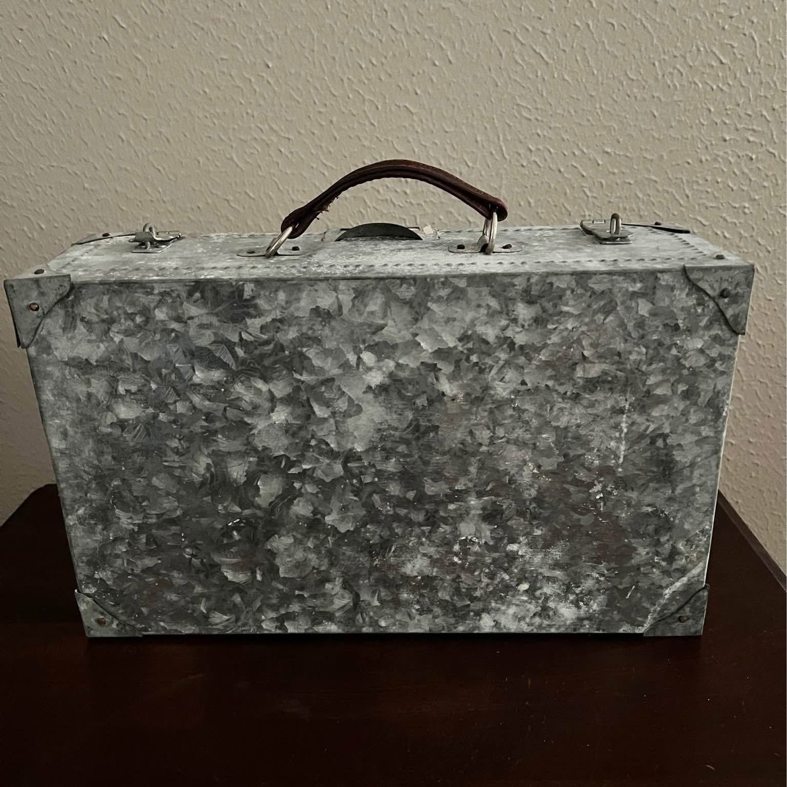 Vintage Aluminum Leather Handle Suitcase with Hasp Staple Closure for Locks