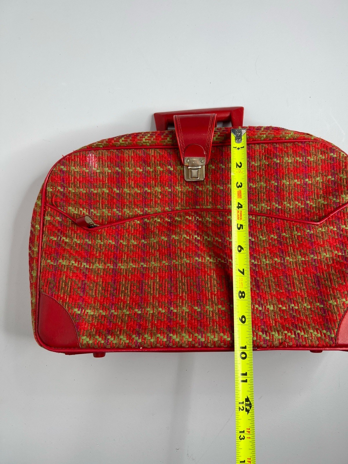 Vintage Suitcase Plaid Made in Japan Red Vinyl Pockets Zipper Retro Travel