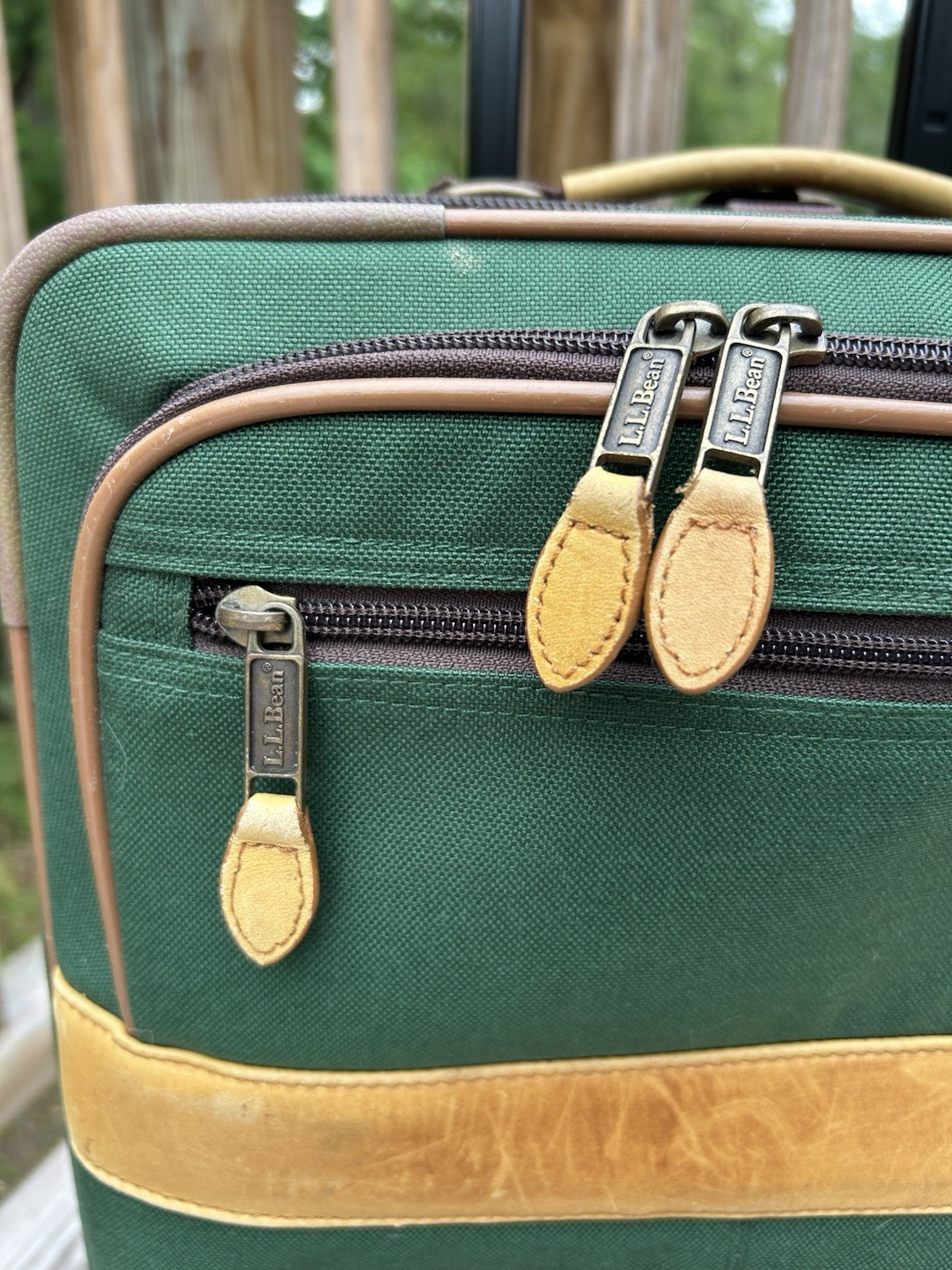 Vintage 80’s LL Bean Rolling Suitcase Luggage Carry On Bag Green Leather Trim