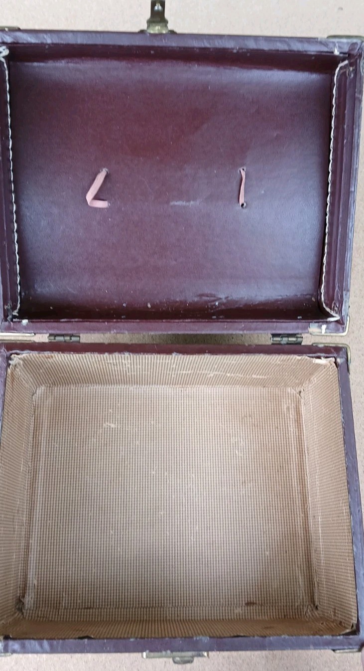 Canvas Covered Hard Brown Travel Train Case Leather Handle No Key Worn VtgDecor