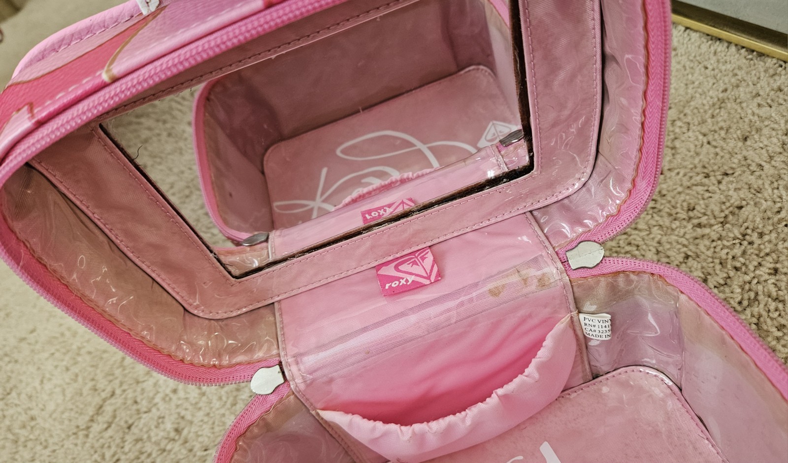 Vintage Roxy Train Case Luggage Makeup Bag Travel Tropical Print Pink