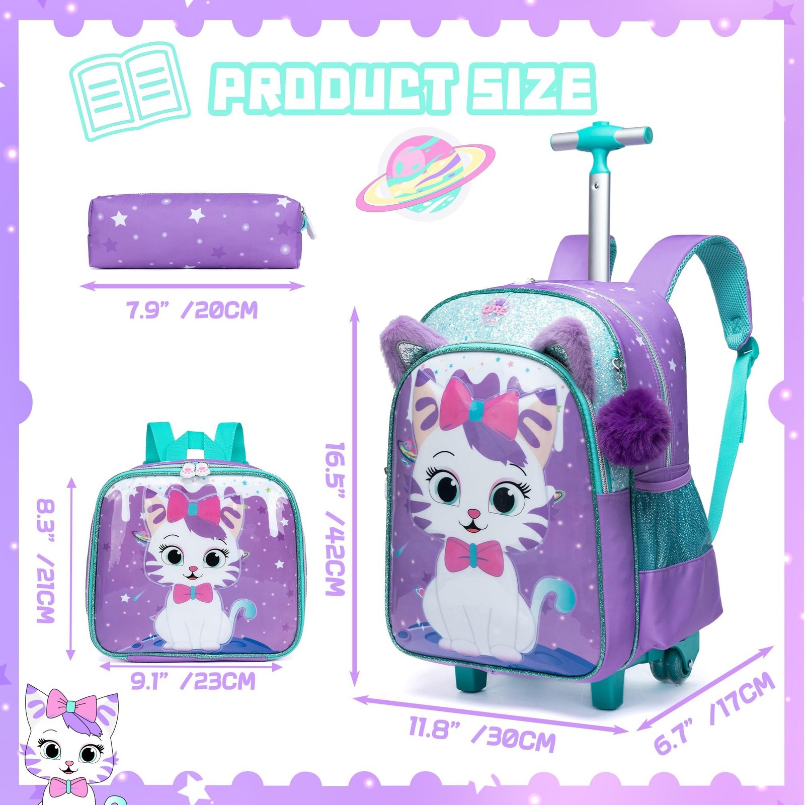 Rolling Backpack for Girls Cute Kids Rolling Backpack with Lunch Bag Kids Bac…