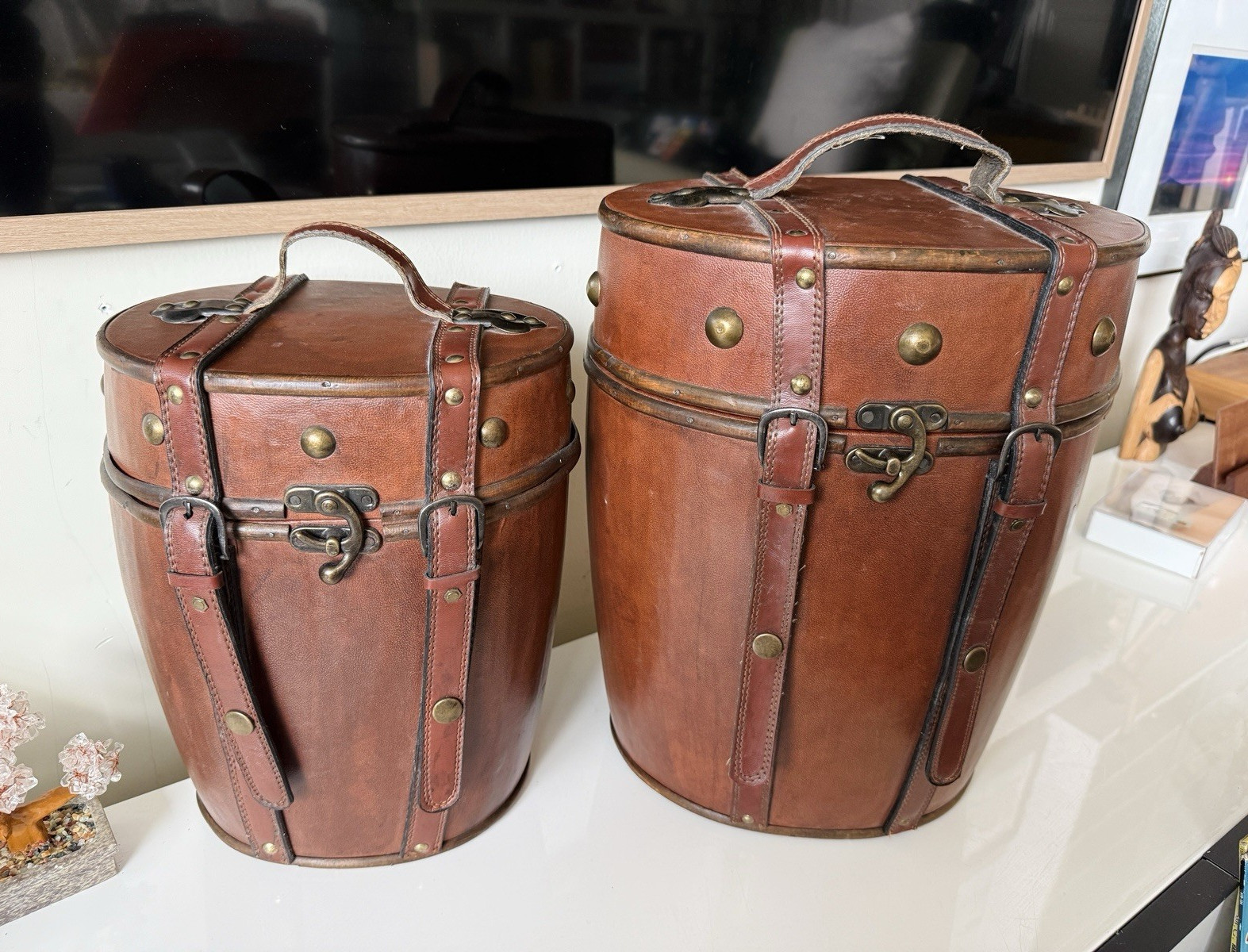 True Vintage Brown Leather Hard Hat Box Travel Cases Set of 2 Locking