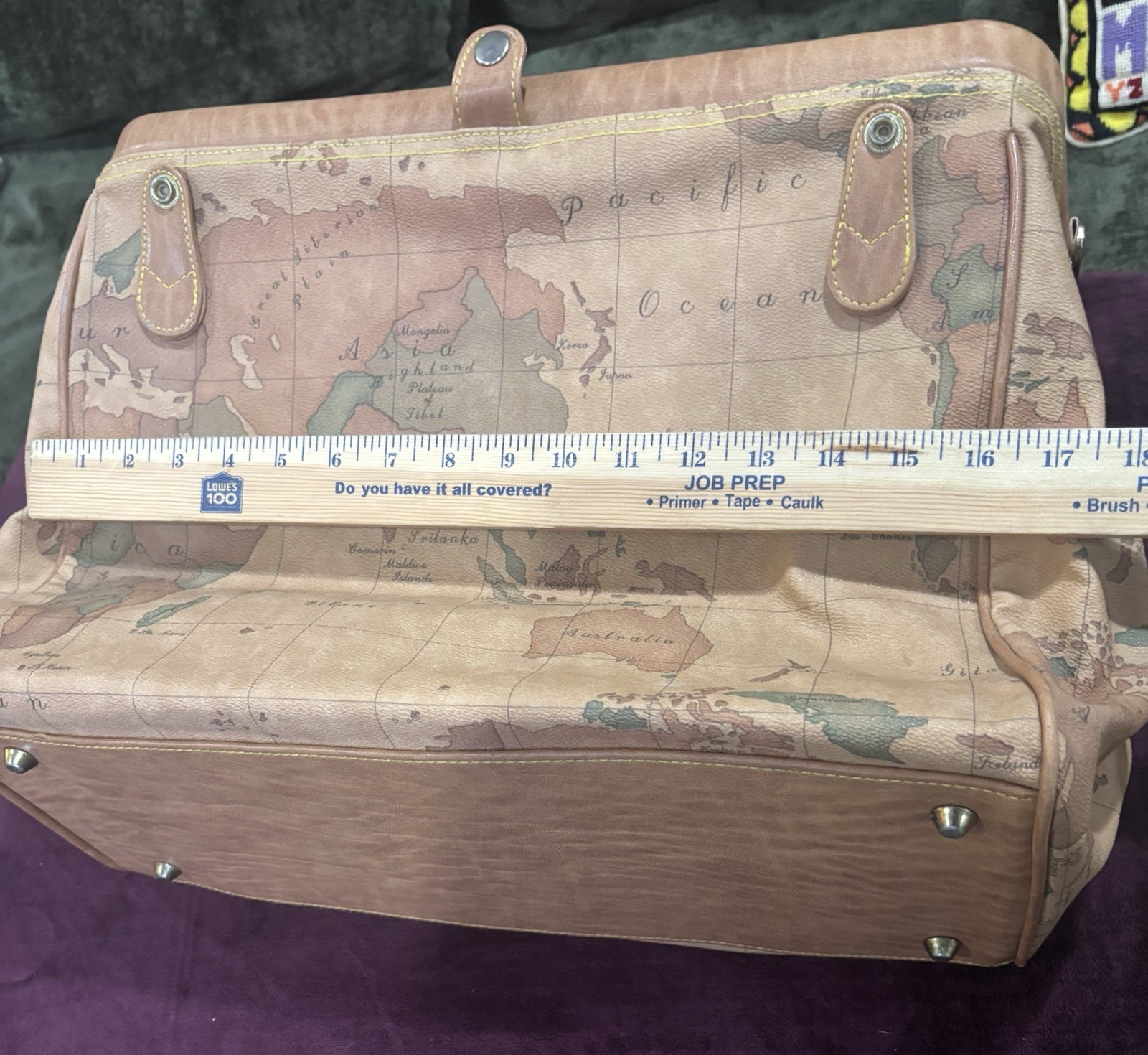 VTG Gitano World Map Duffel Bag Tan Faux Leather Travel Weekender Carry On Tote