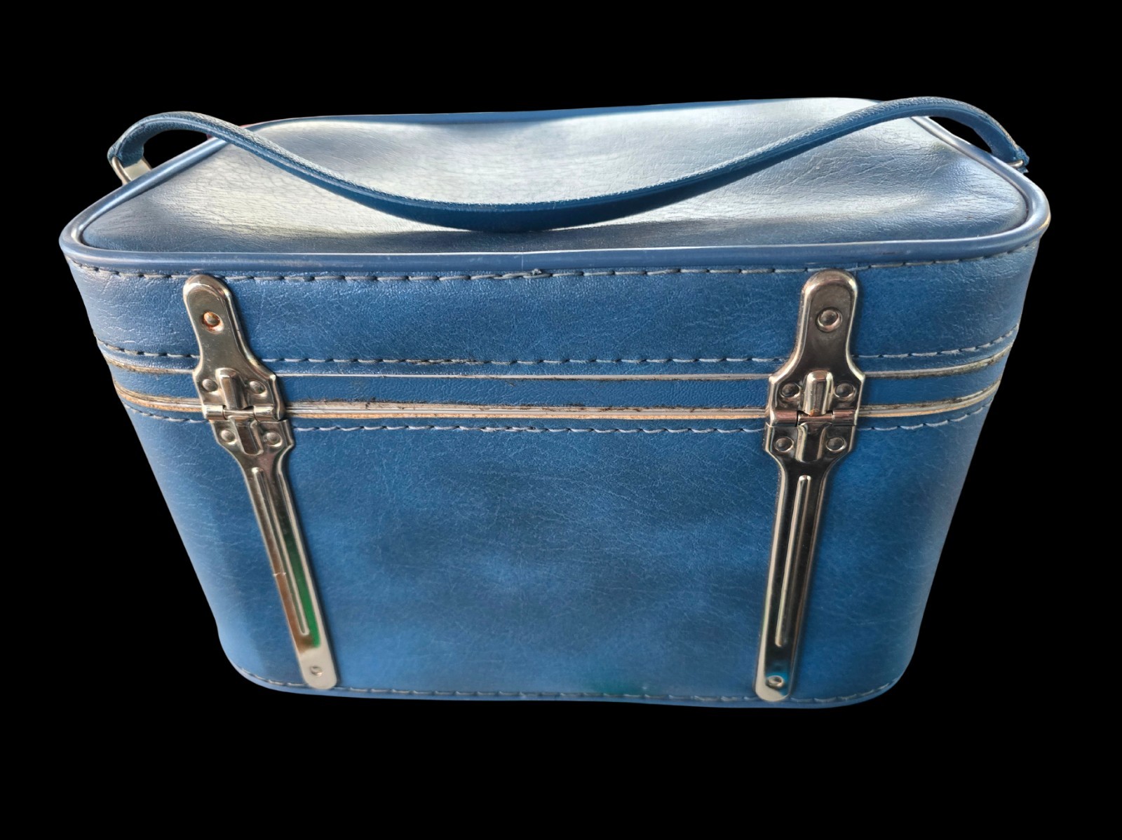 VTG Sears Featherlite Cosmetic Train Case Luggage Blue w/Removable Pouch No Key
