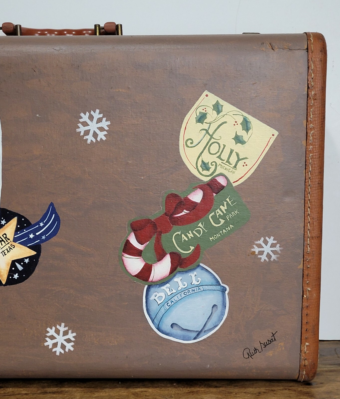 vtg HANDPAINTED LEATHER CHRISTMAS SUITCASE MCM RETRO ARTISAN LUGGAGE CASE SIGNED