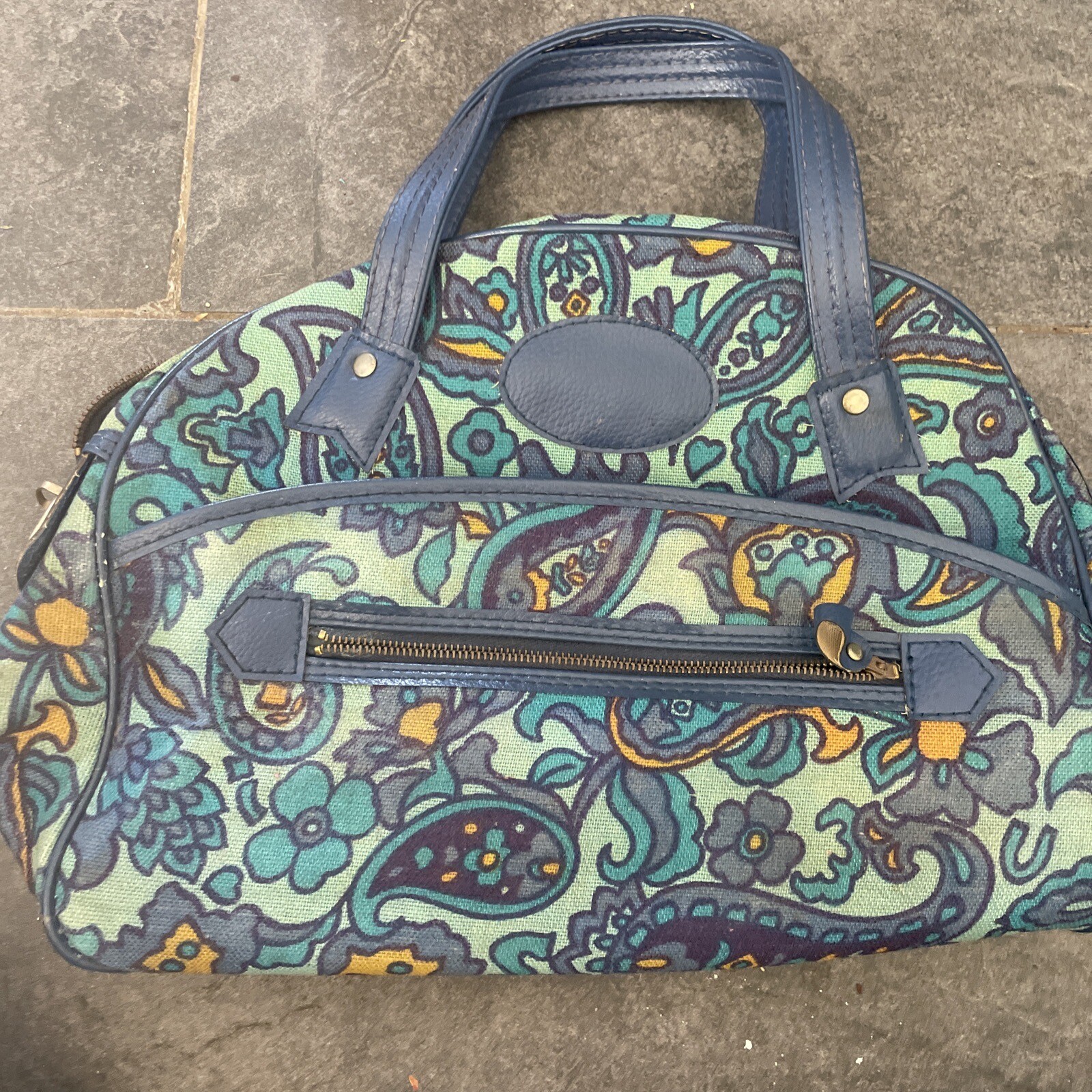 Vintage Bantam Travelware Floral Blue Yellow Mod Pattern Suitcase AND Purse 60’s