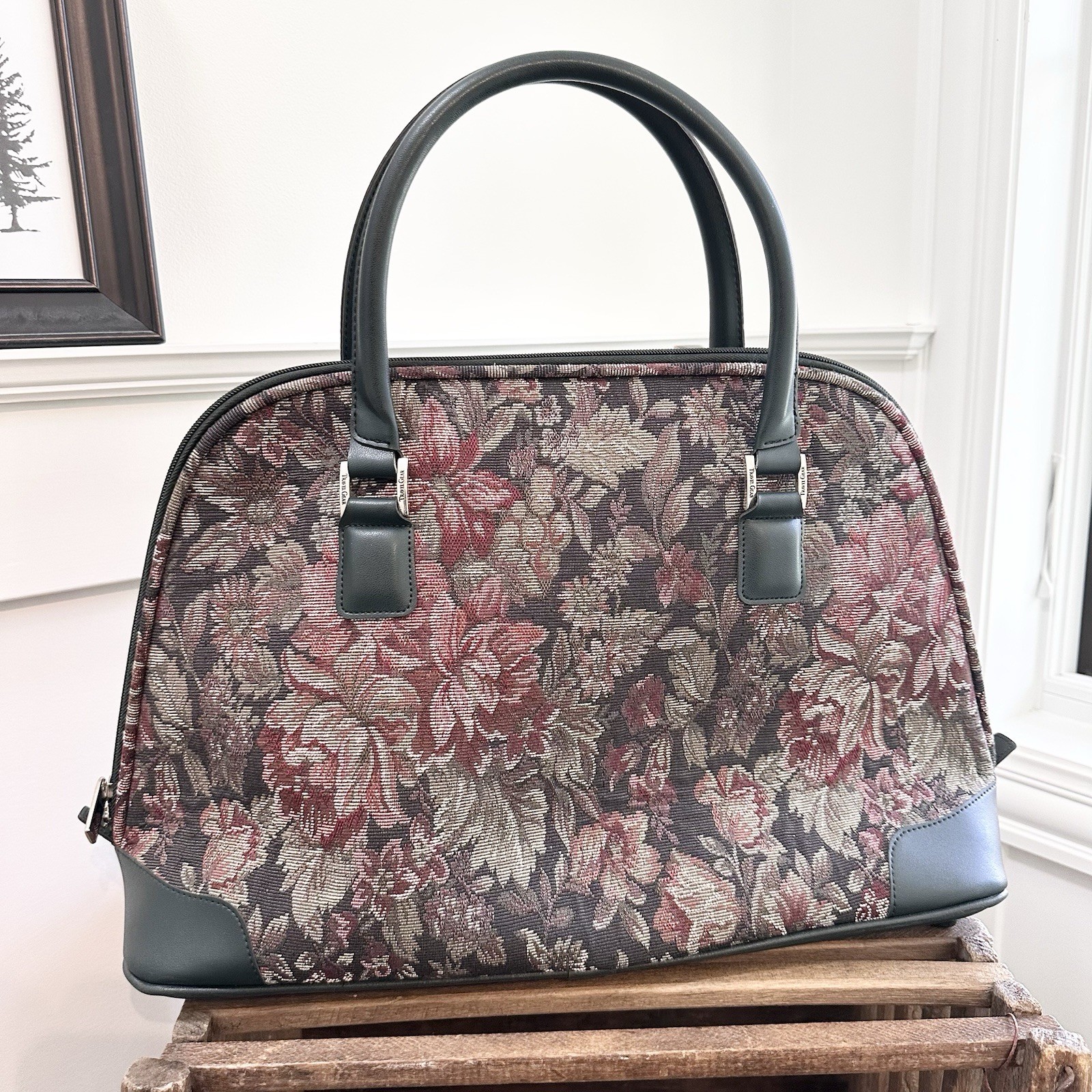 Vintage Travel Gear Tapestry Floral Satchel Luggage Mary Poppins Bag Green Rose
