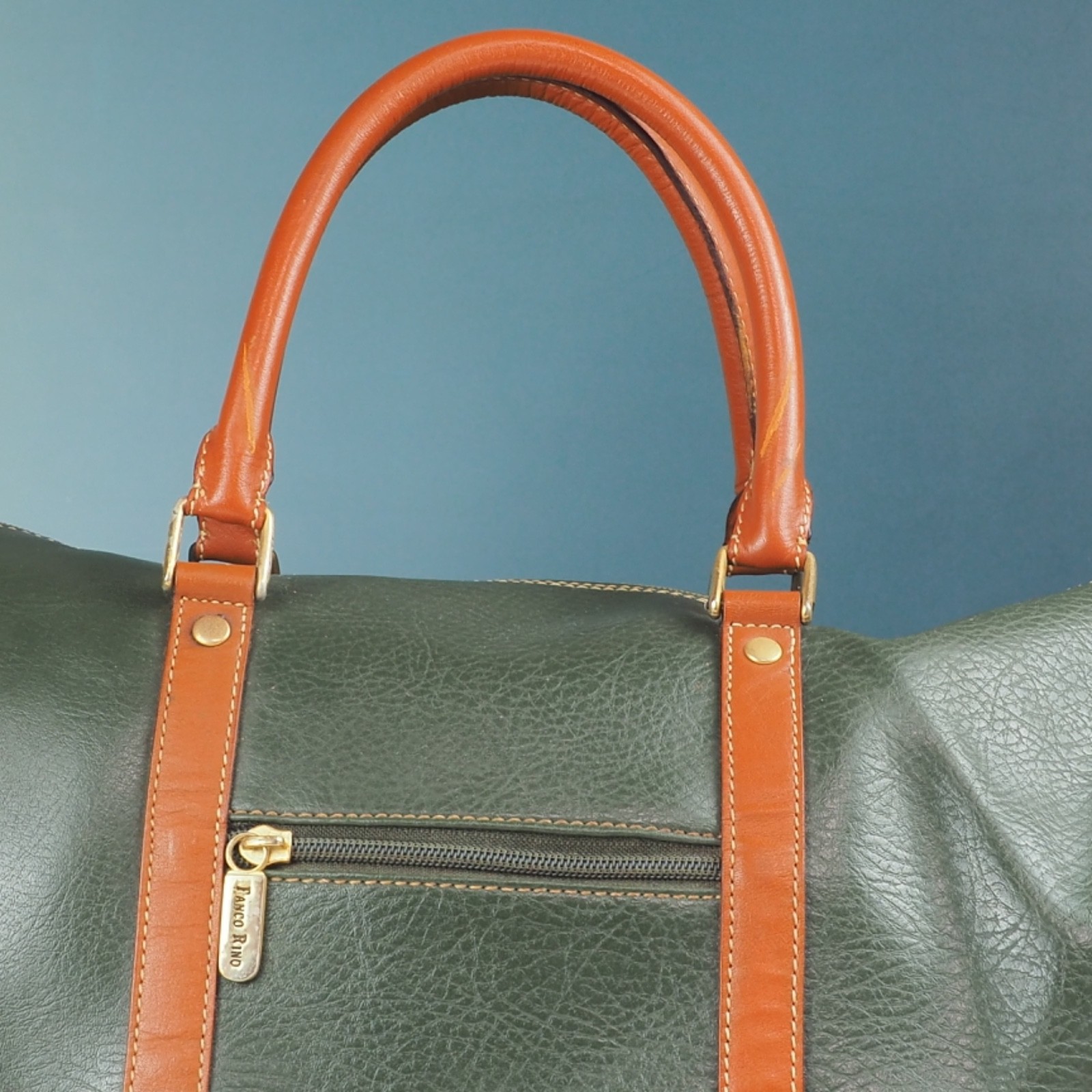 Vintage Franco Rino Green Faux Leather Boston Bag Travel Luggage Retro 80s