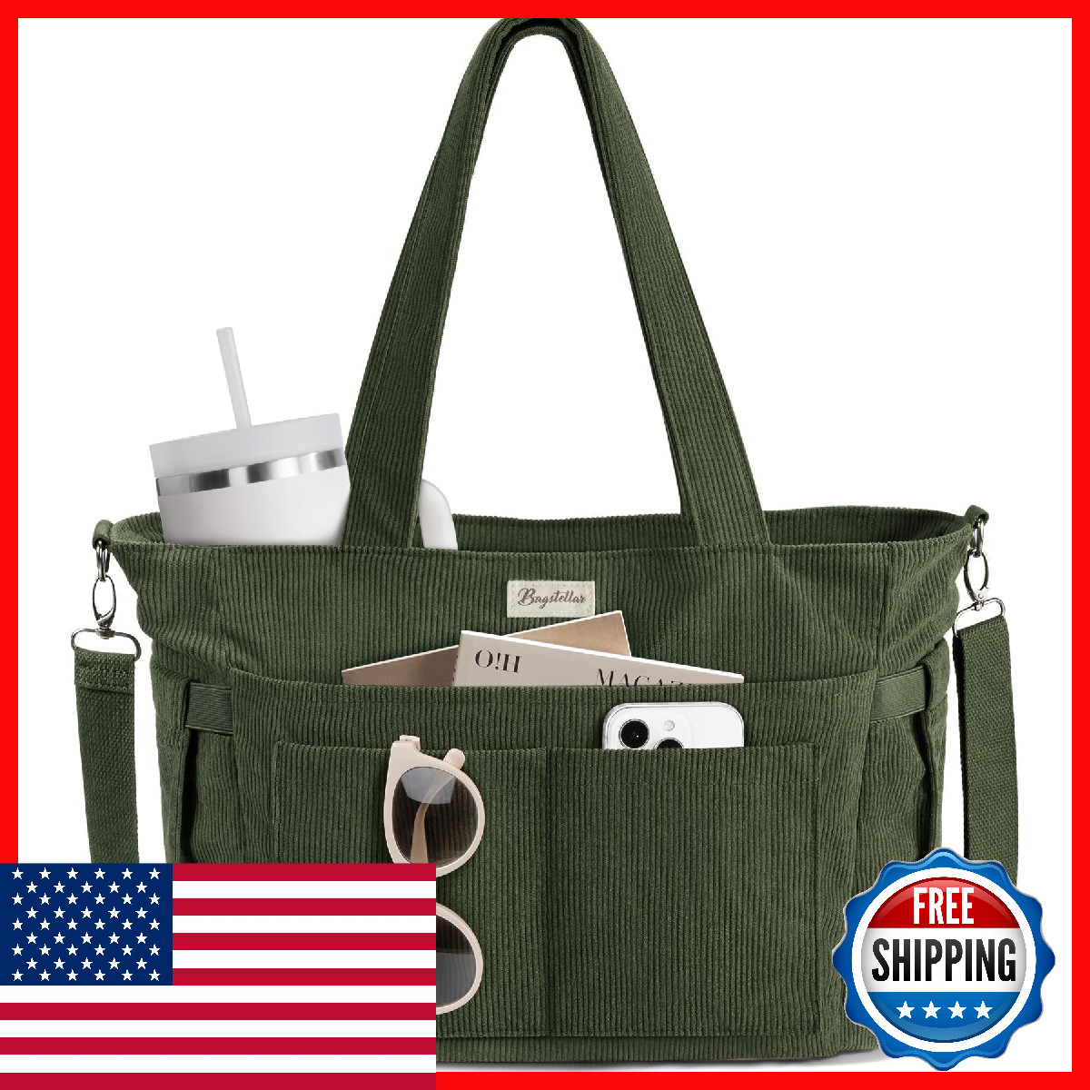 Bagstellar Corduroy Tote Bag For Women 17 Pockets Laptop Work Tote Bag