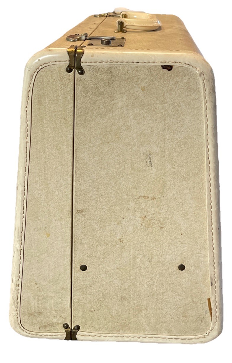 Vintage Large Wedge Suitcase Working Hinges Worn Cream W/ Tattered Purple Silk